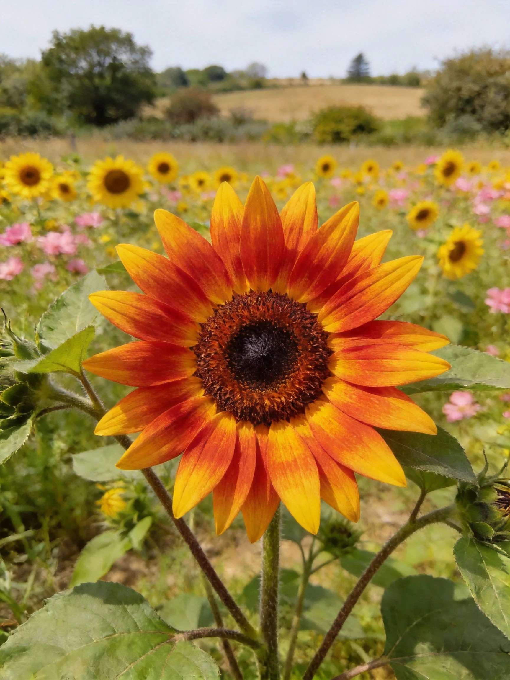 A central sunflower with orange-yellow petals stands among other sunflowers and pink flowers in a sunny field.