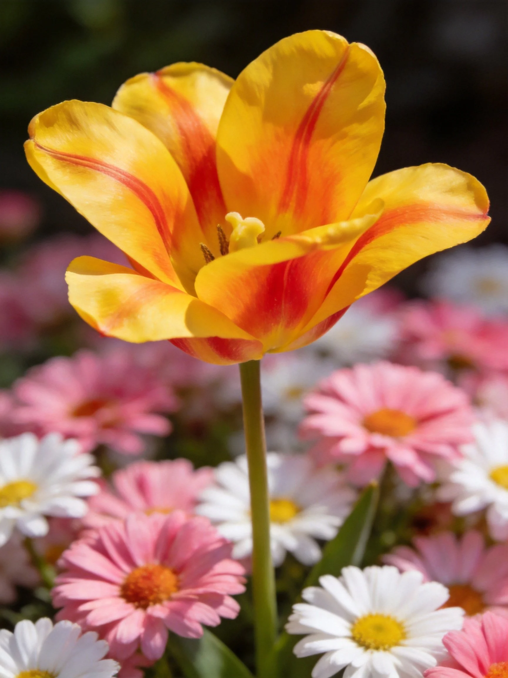 A vibrant orange - yellow tulip with red stripes among pink and white daisies