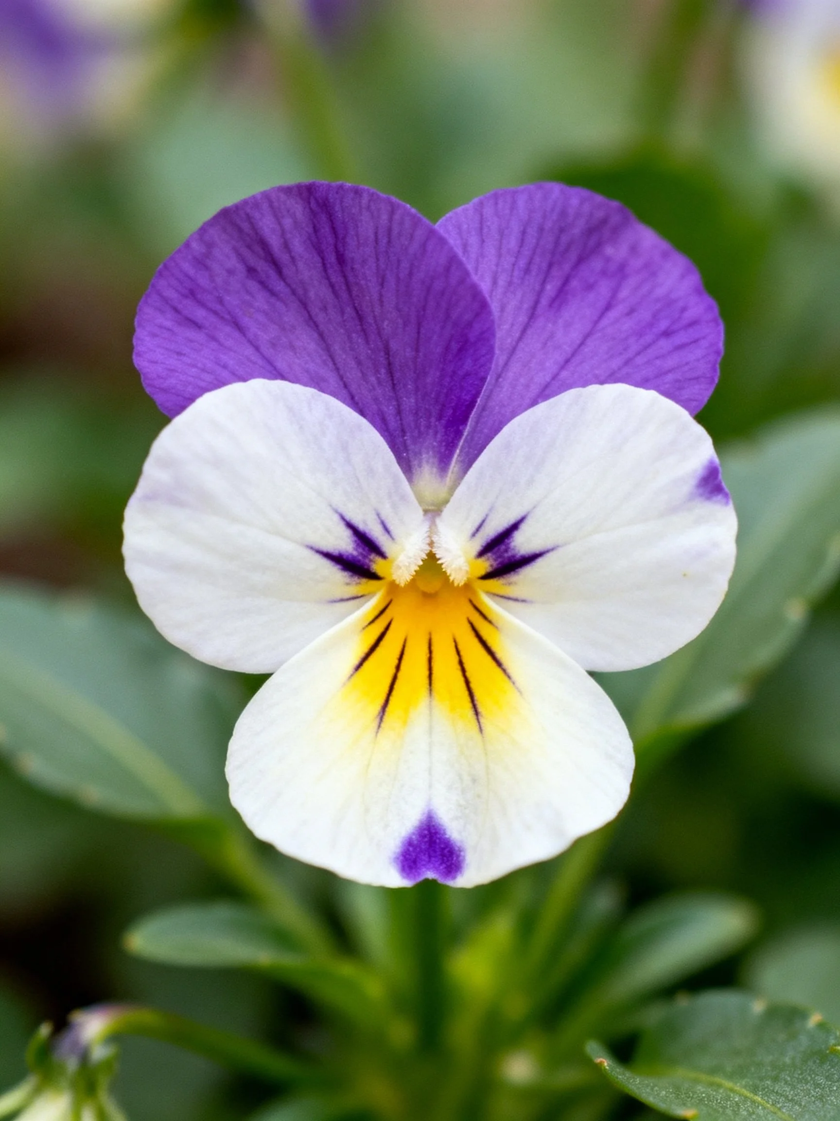 A vibrant pansy with purple and white petals, yellow center