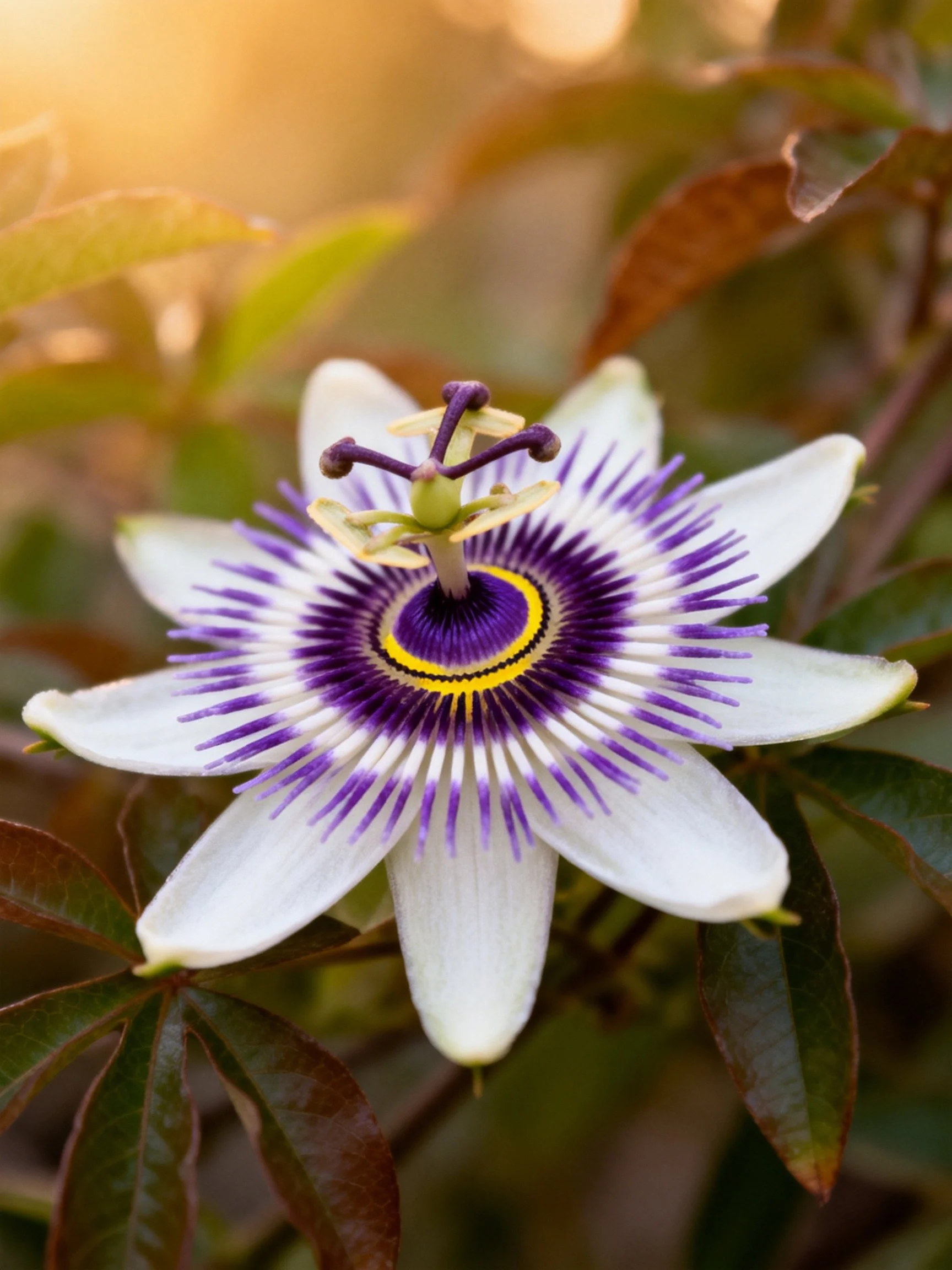 A vibrant passionflower with white petals and striking purple center