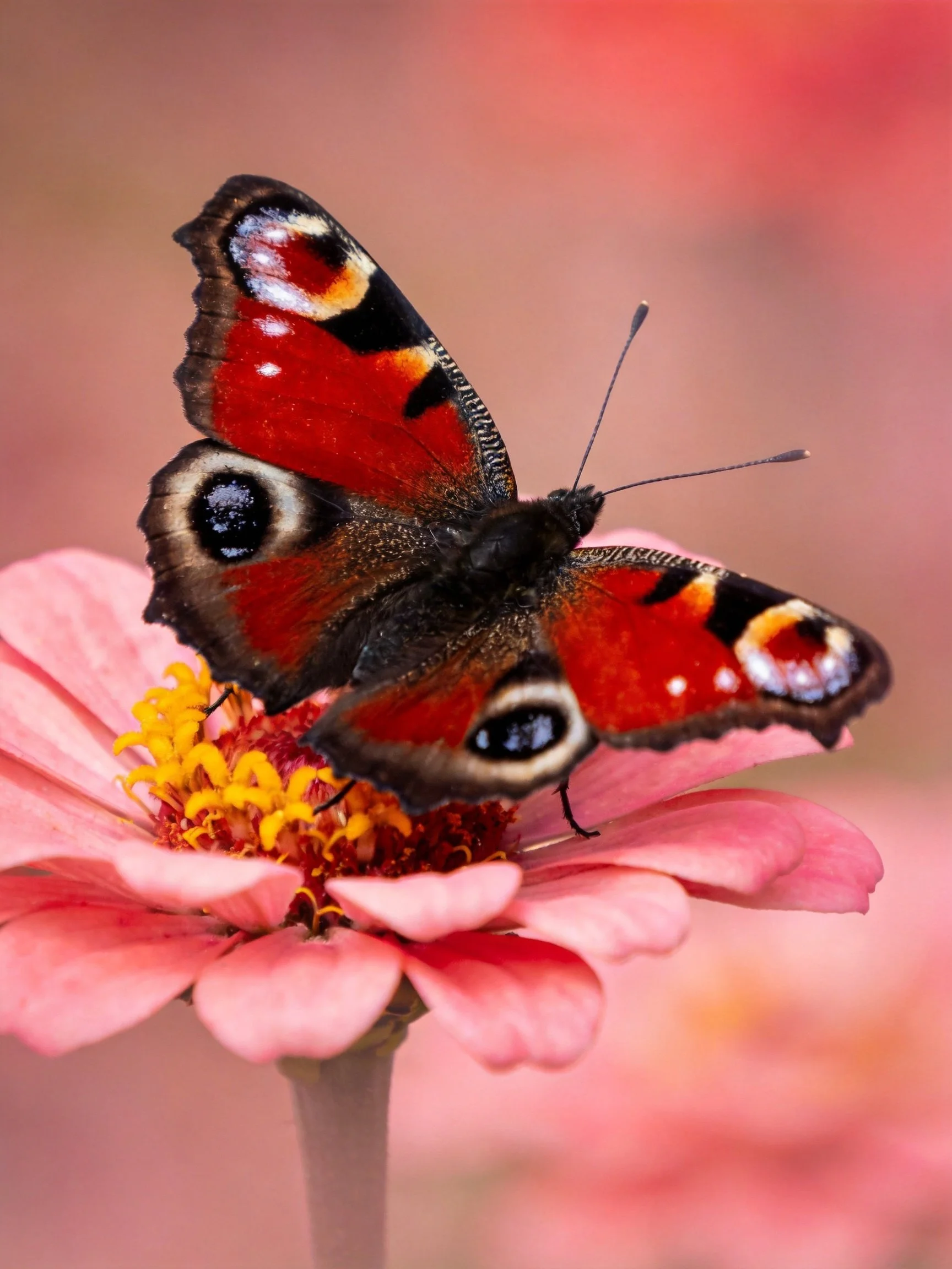 A vibrant peacock butterfly perched on a pink zinnia flower