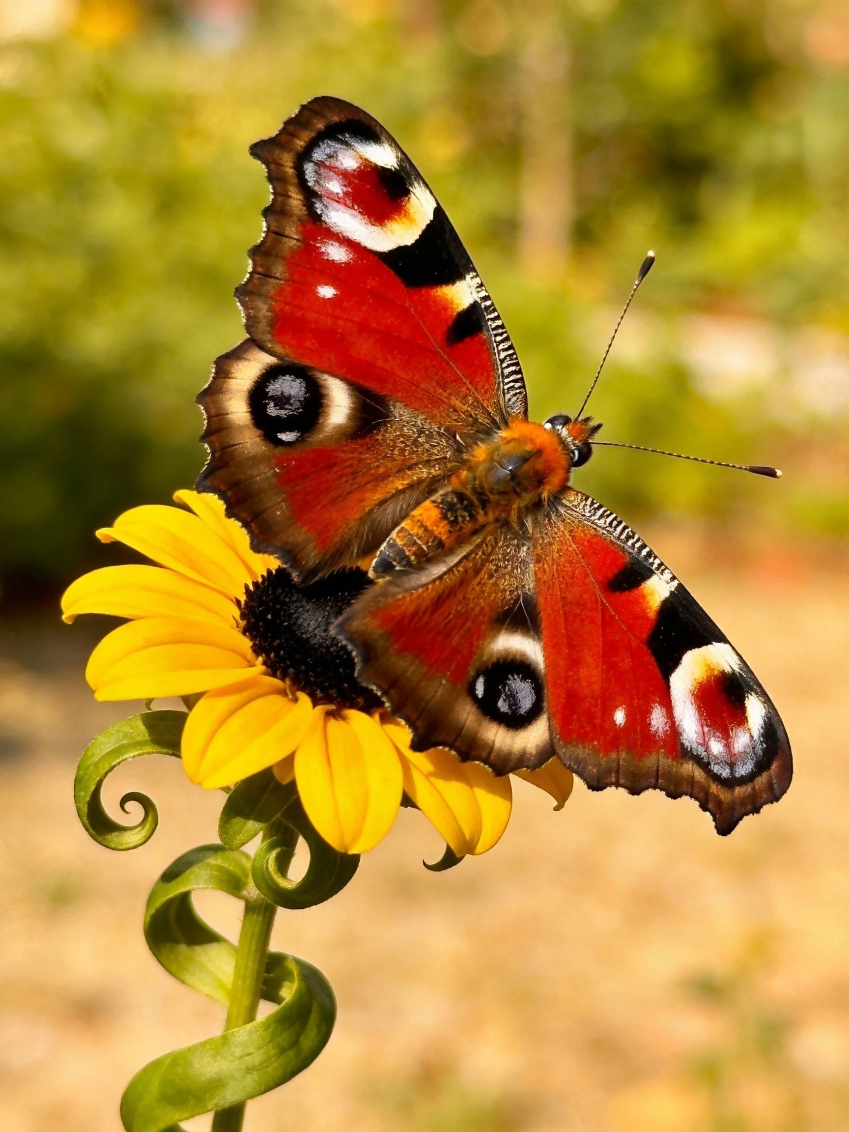 A vibrant peacock butterfly perches on a bright yellow flower