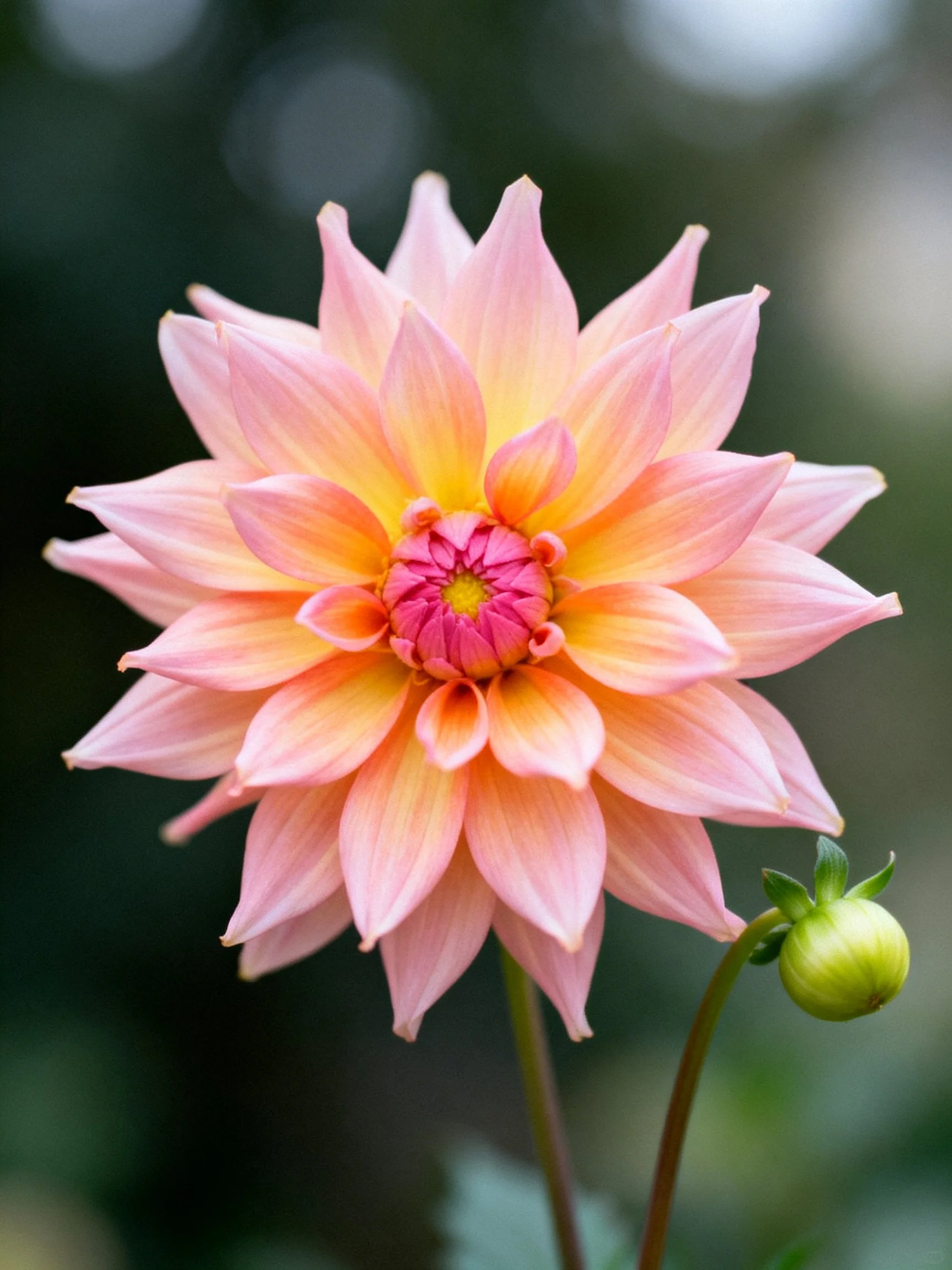 A vibrant pink and orange dahlia with a green bud