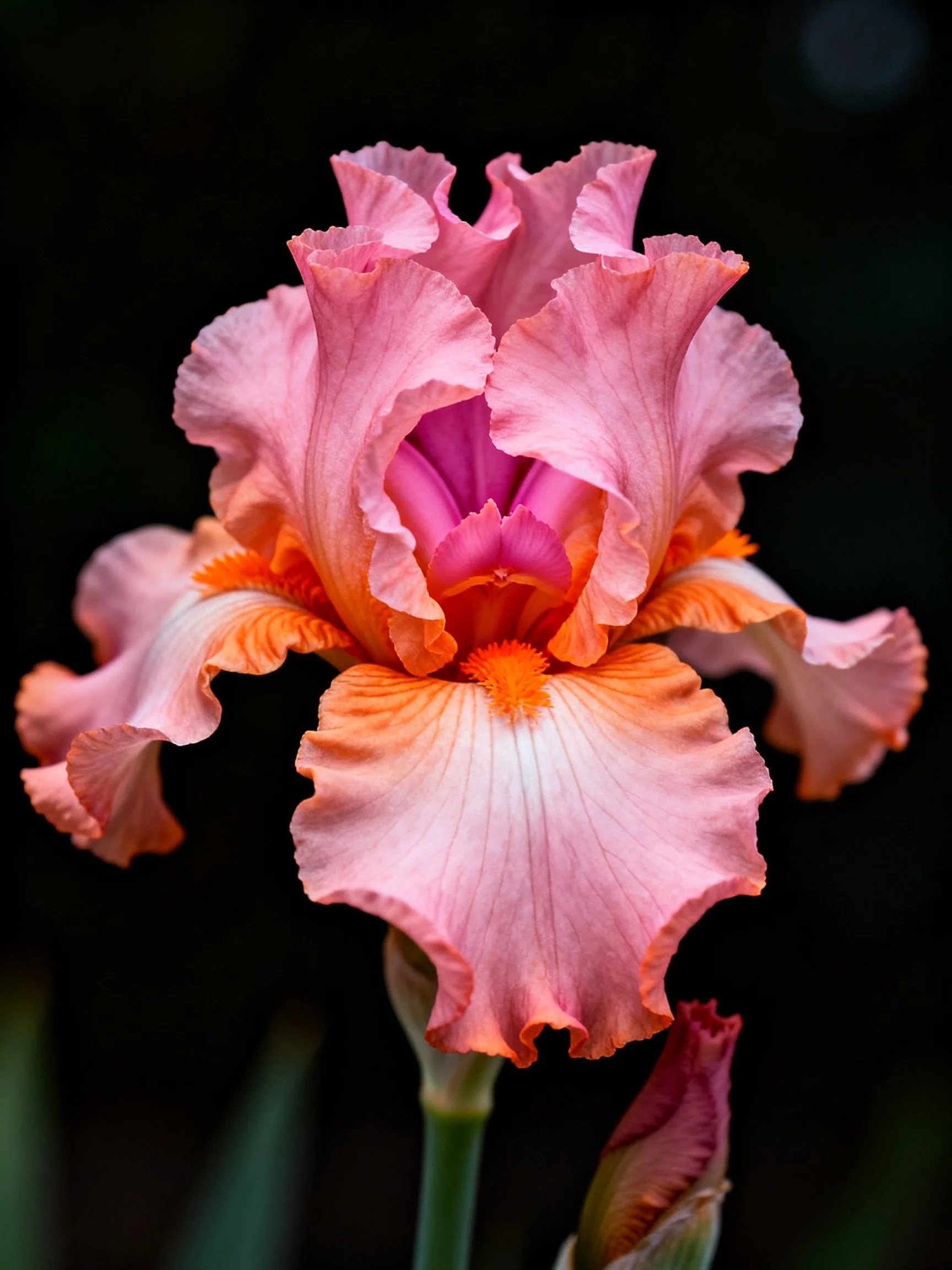 A vibrant pink and orange iris with ruffled petals