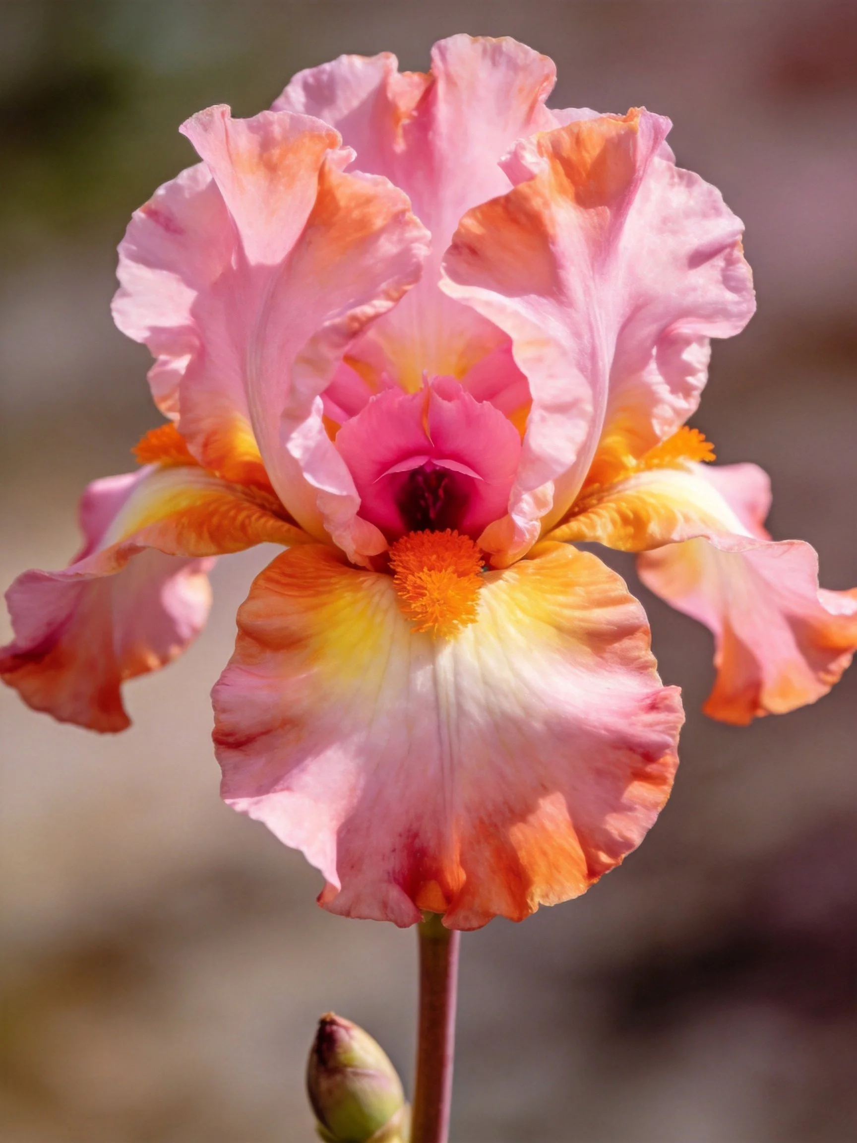 A vibrant pink and orange iris with ruffled petals