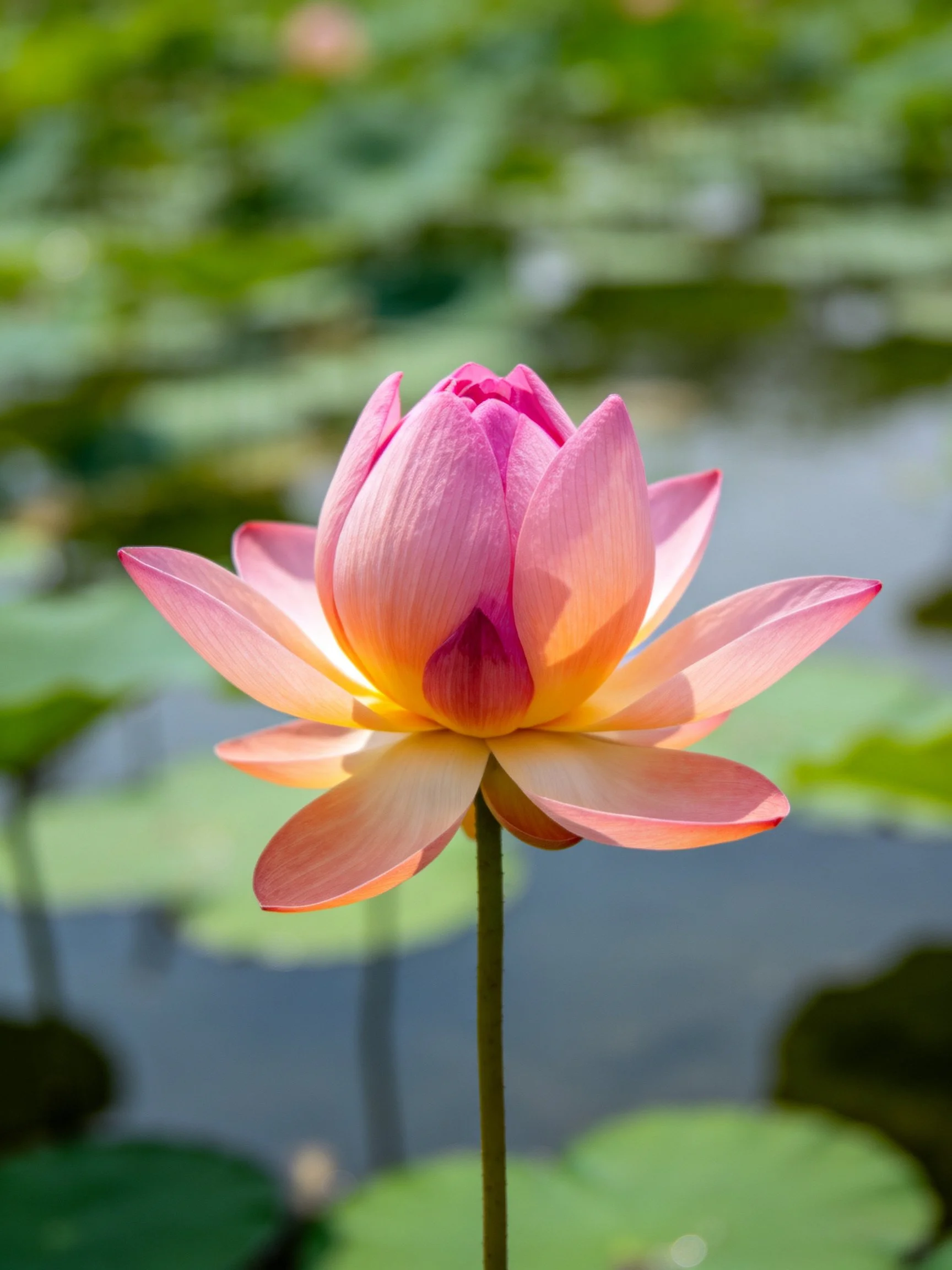 A vibrant pink and orange lotus bud blooming near green lily pads