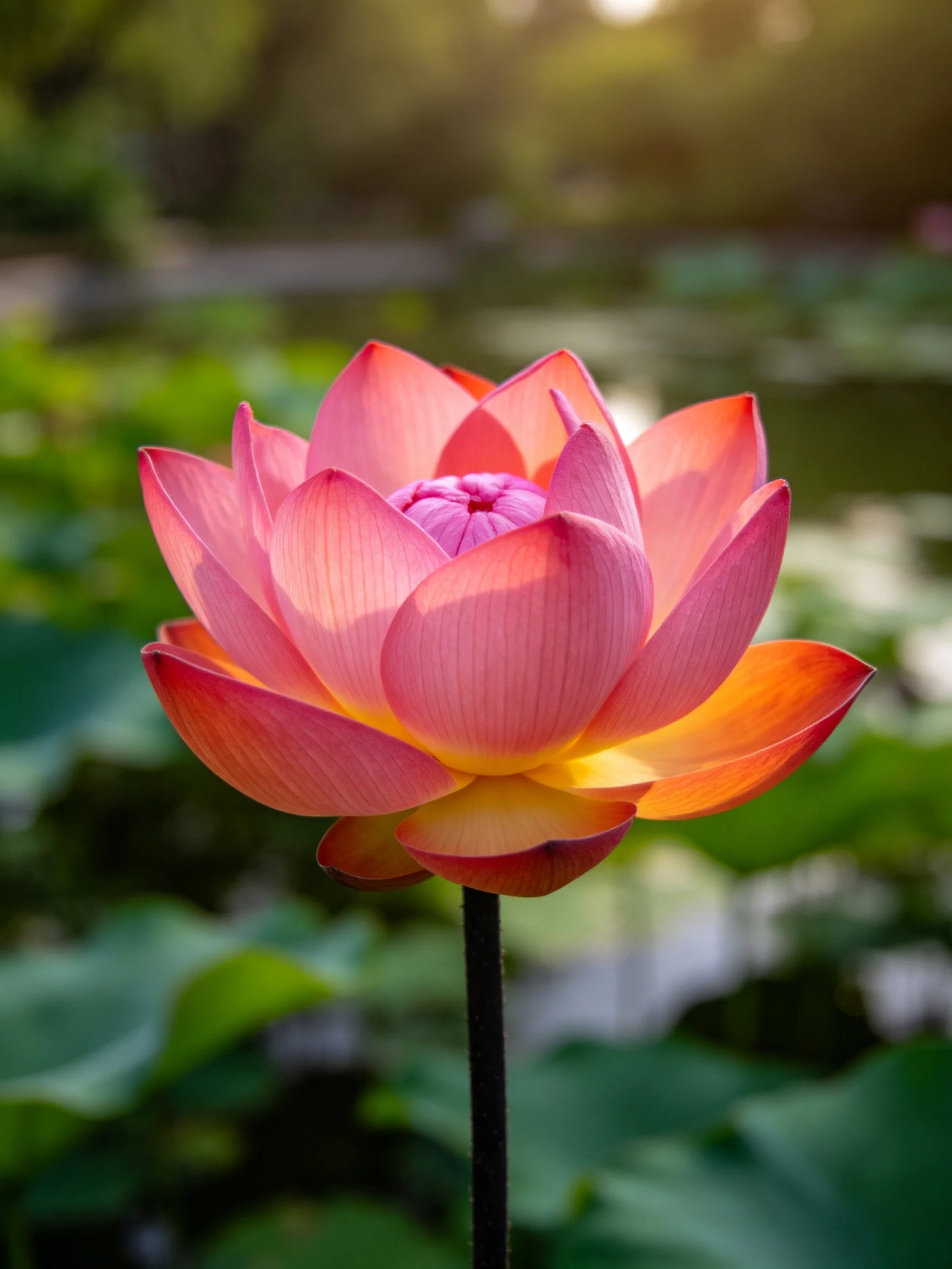 A vibrant pink and orange lotus flower blooms among green foliage