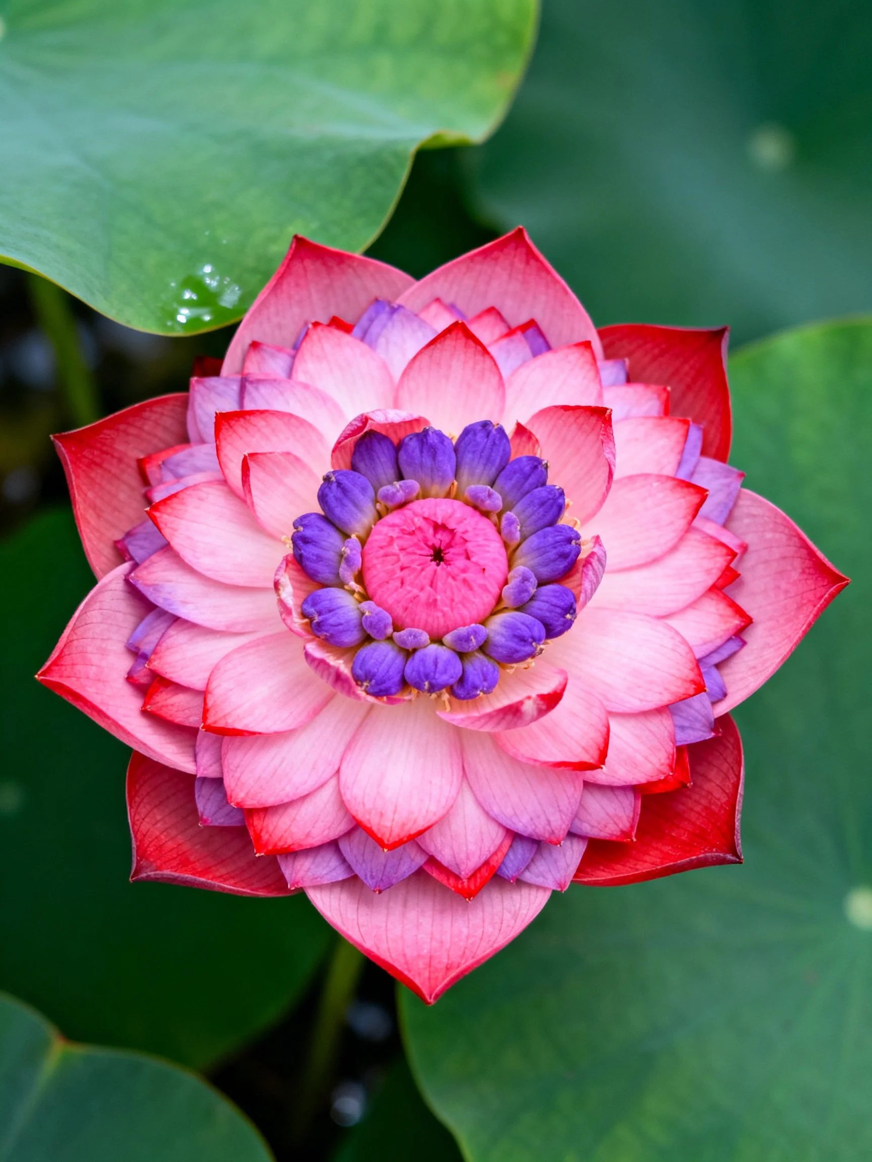 A vibrant pink and purple lotus flower with green foliage