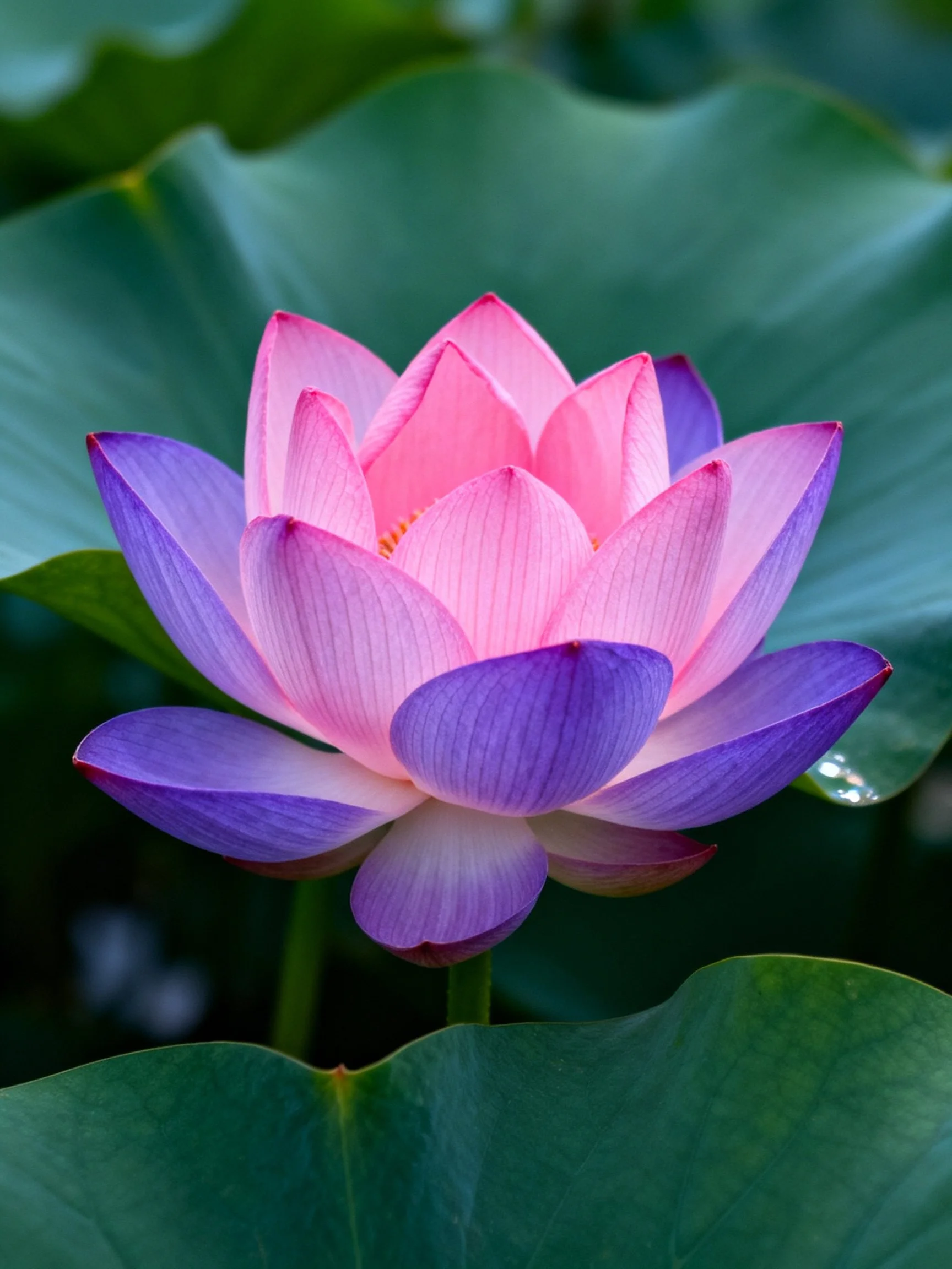 A vibrant pink and purple lotus surrounded by large green leaves