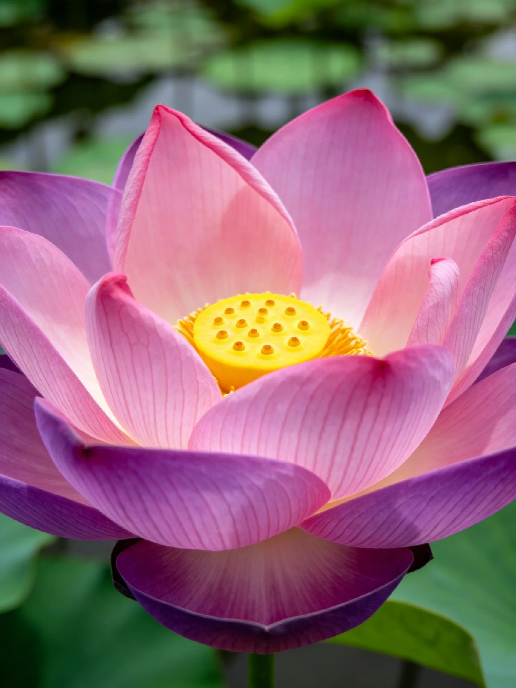 A vibrant pink and purple lotus with a bright yellow center