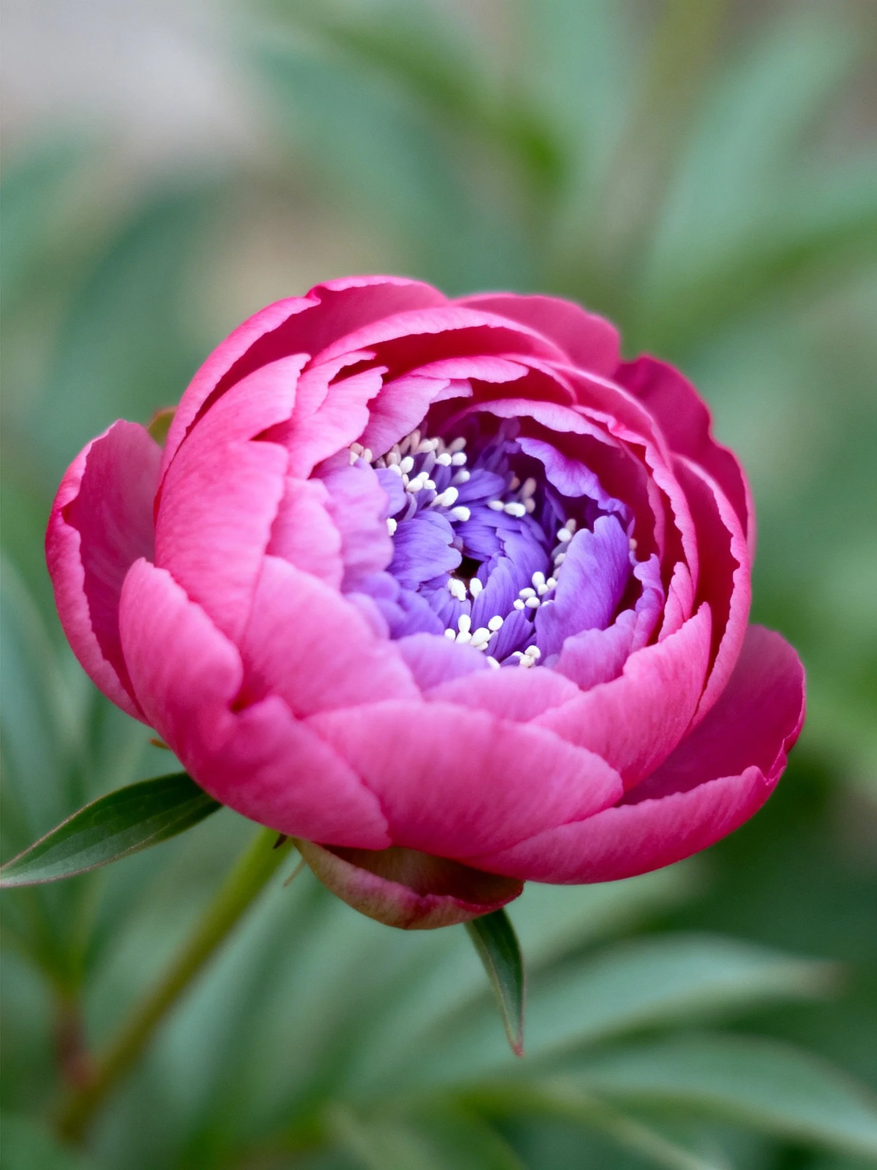 A vibrant pink and purple peony bud with green foliage