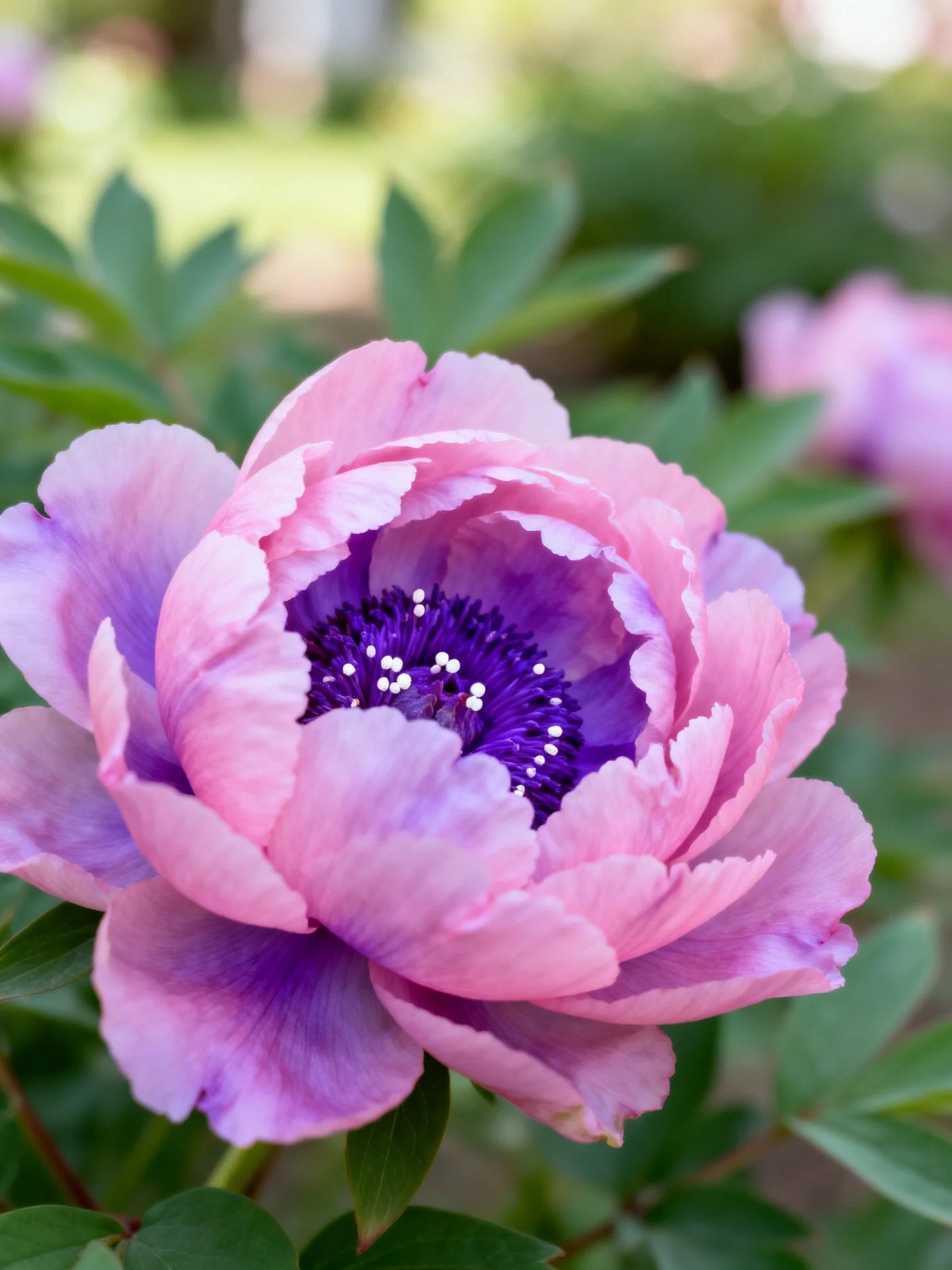 A vibrant pink and purple peony with a deep purple center