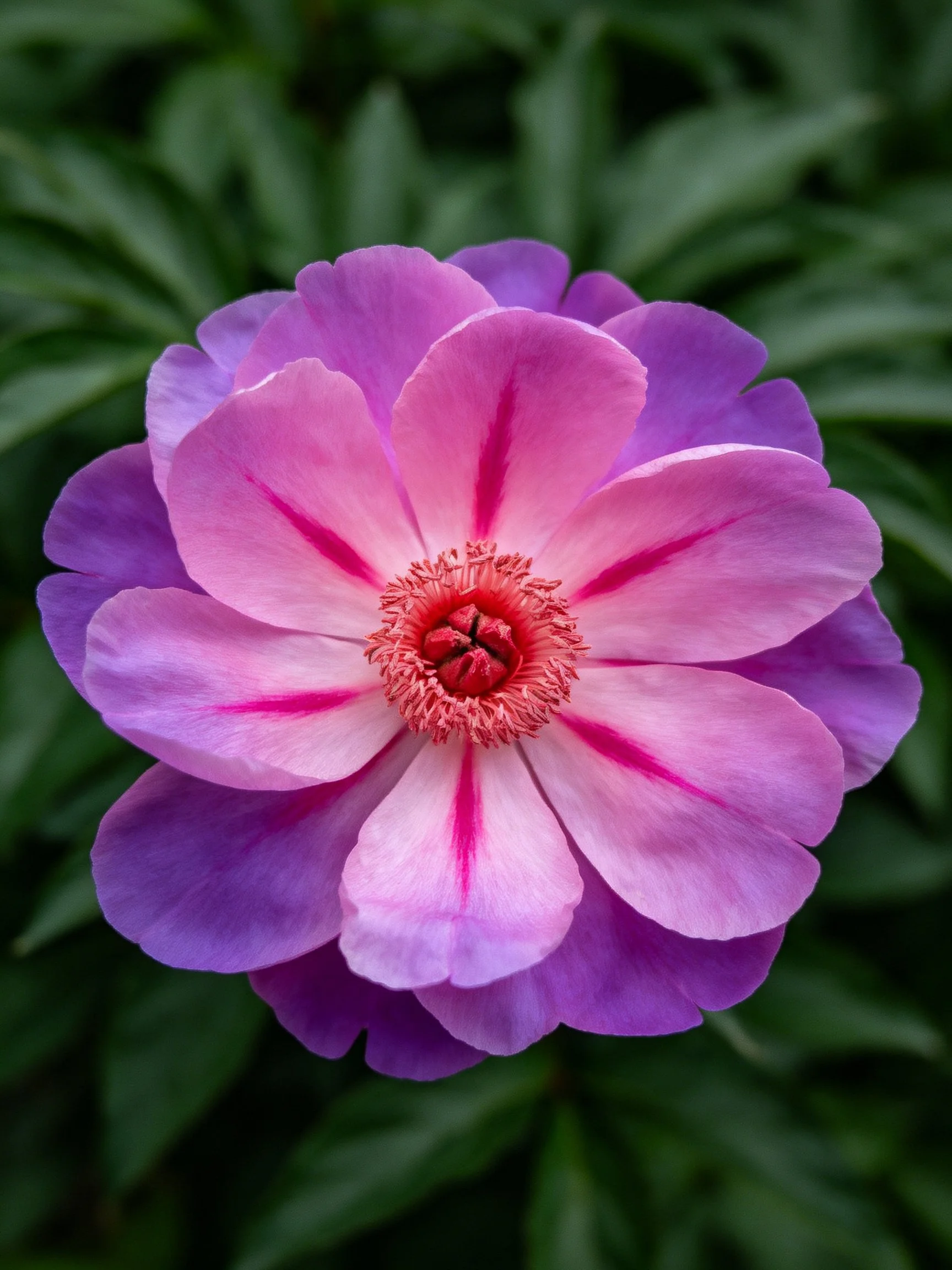 A vibrant pink and purple peony with a red center amid dark green foliage