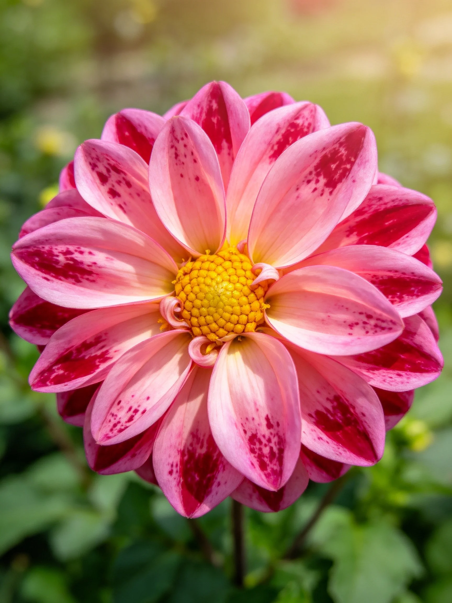 A vibrant pink and red dahlia with a golden center