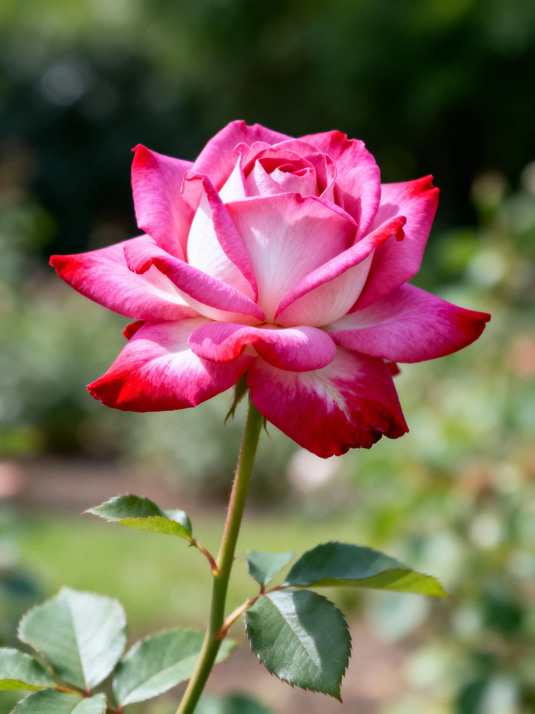 A vibrant pink and red rose blooms with a blurred green backdrop
