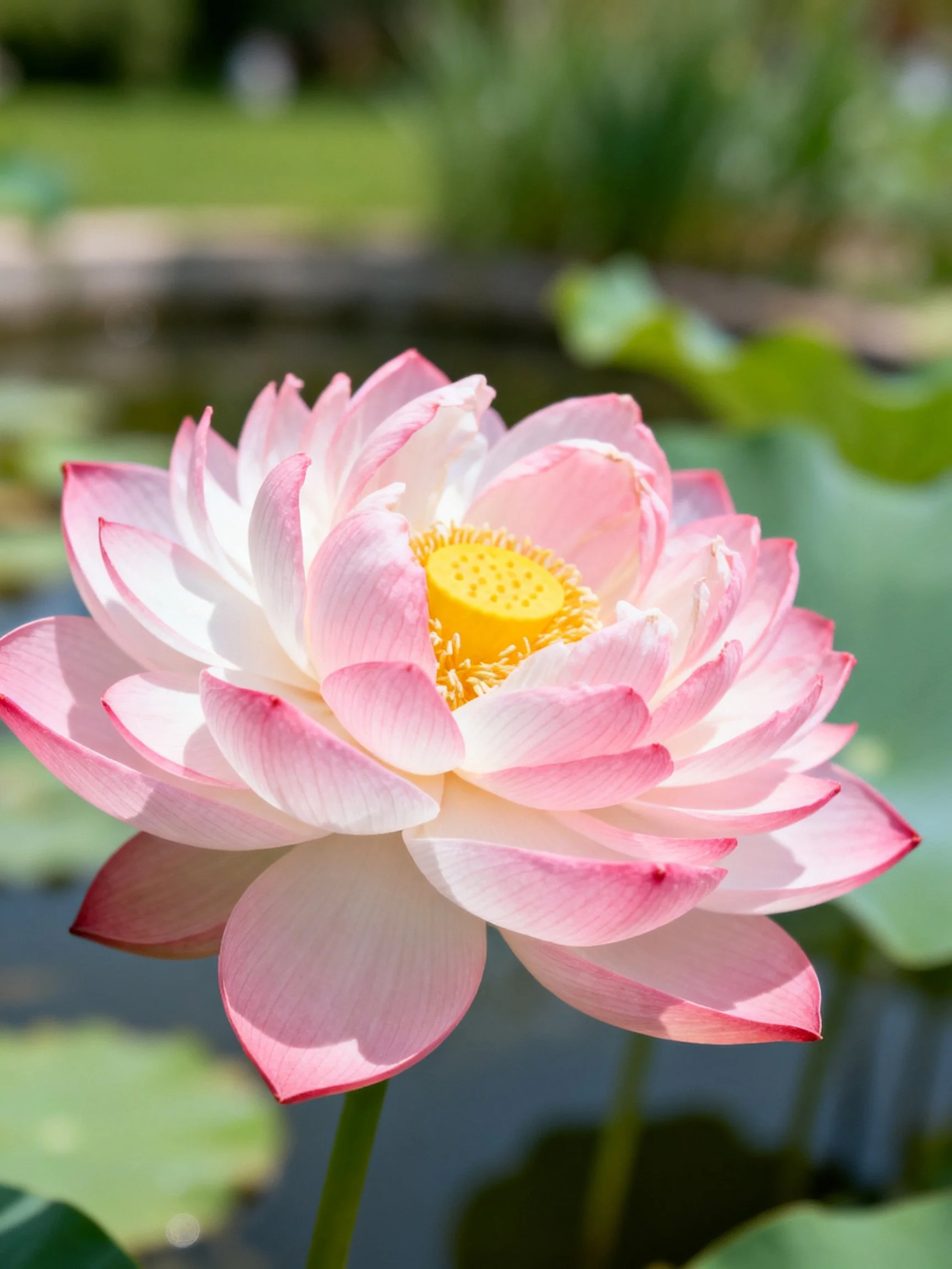 A vibrant pink and white lotus flower blooms near water