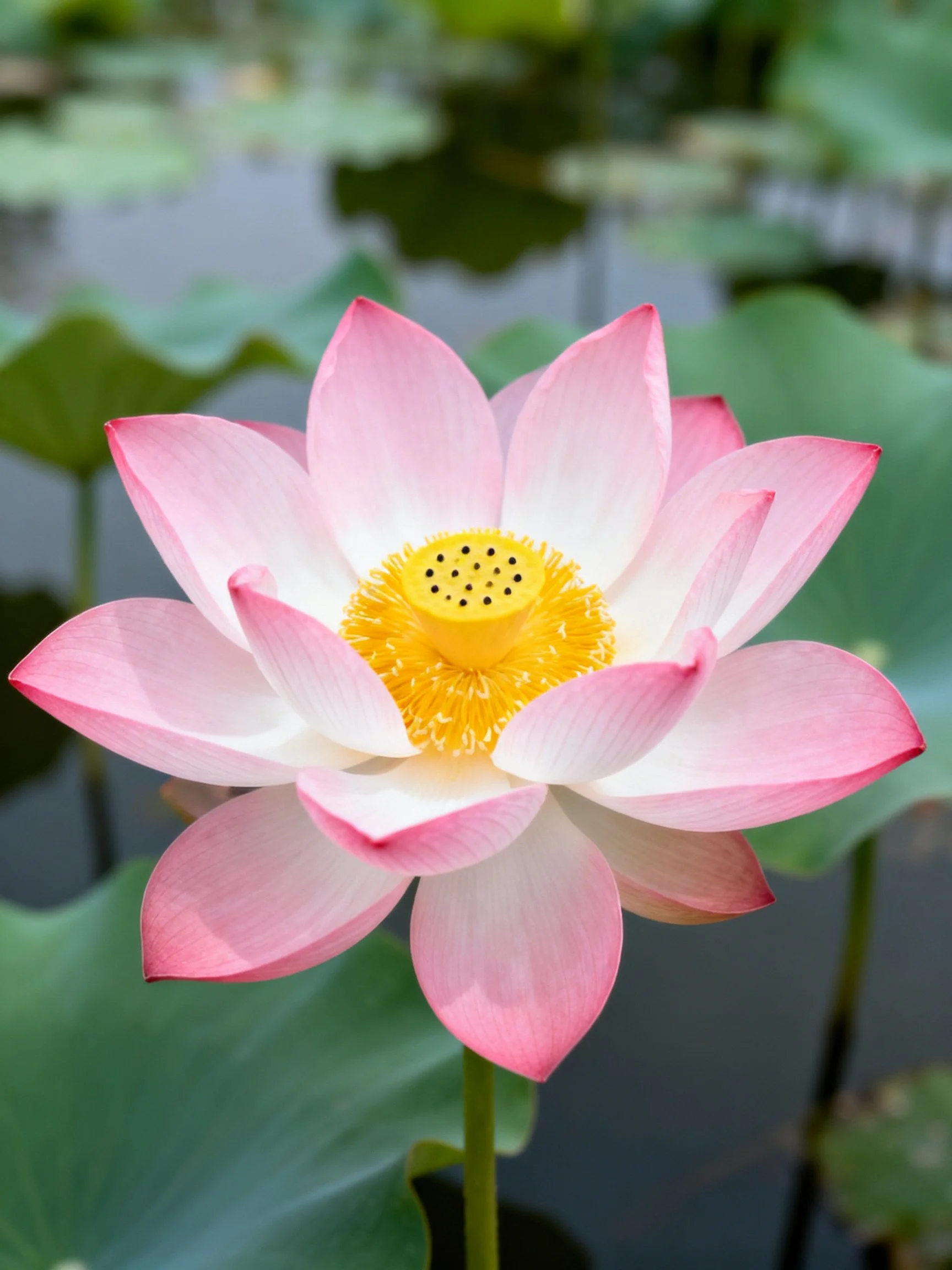 A vibrant pink and white lotus flower with a bright yellow center