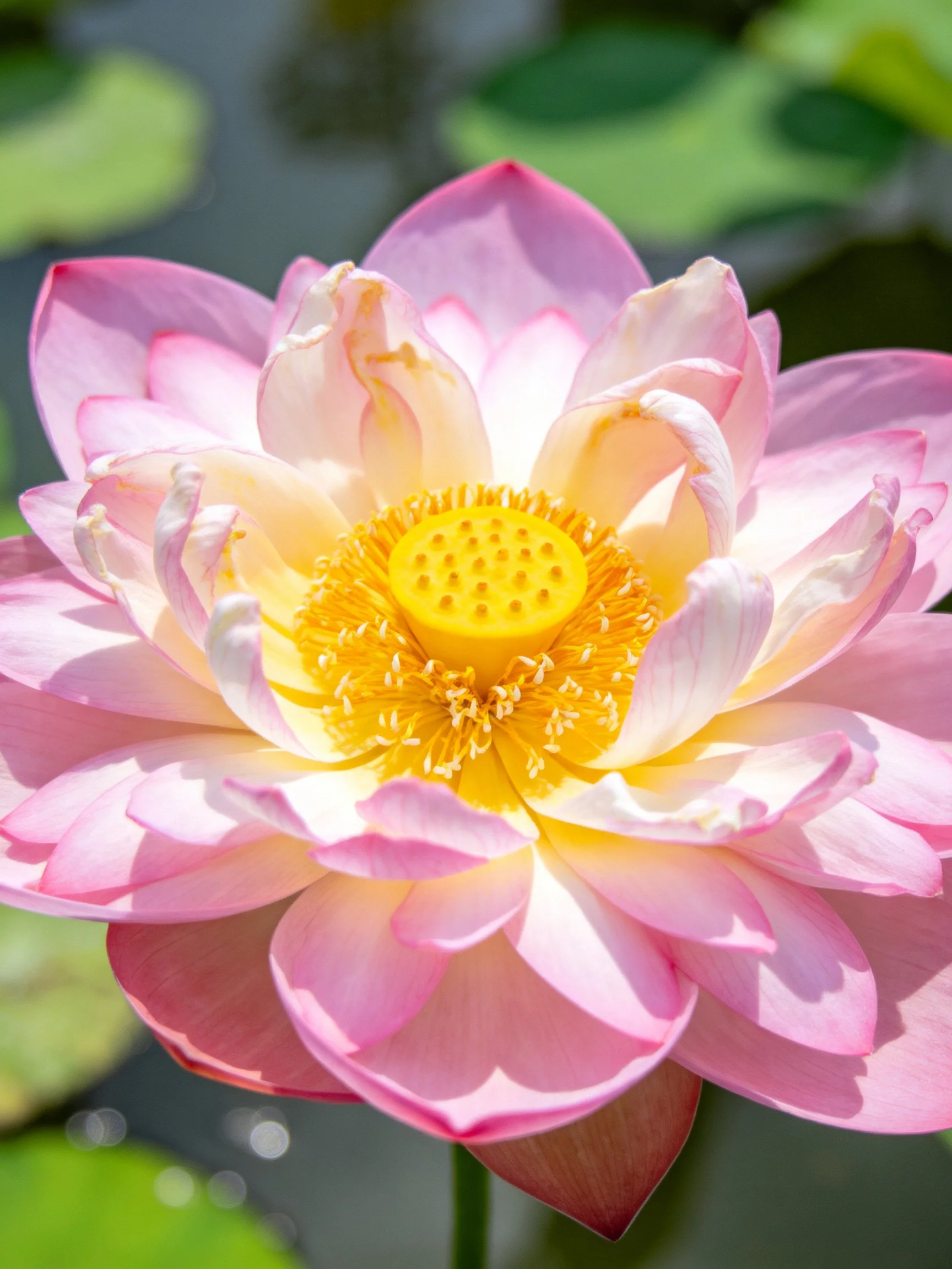 A vibrant pink and white lotus with golden central core