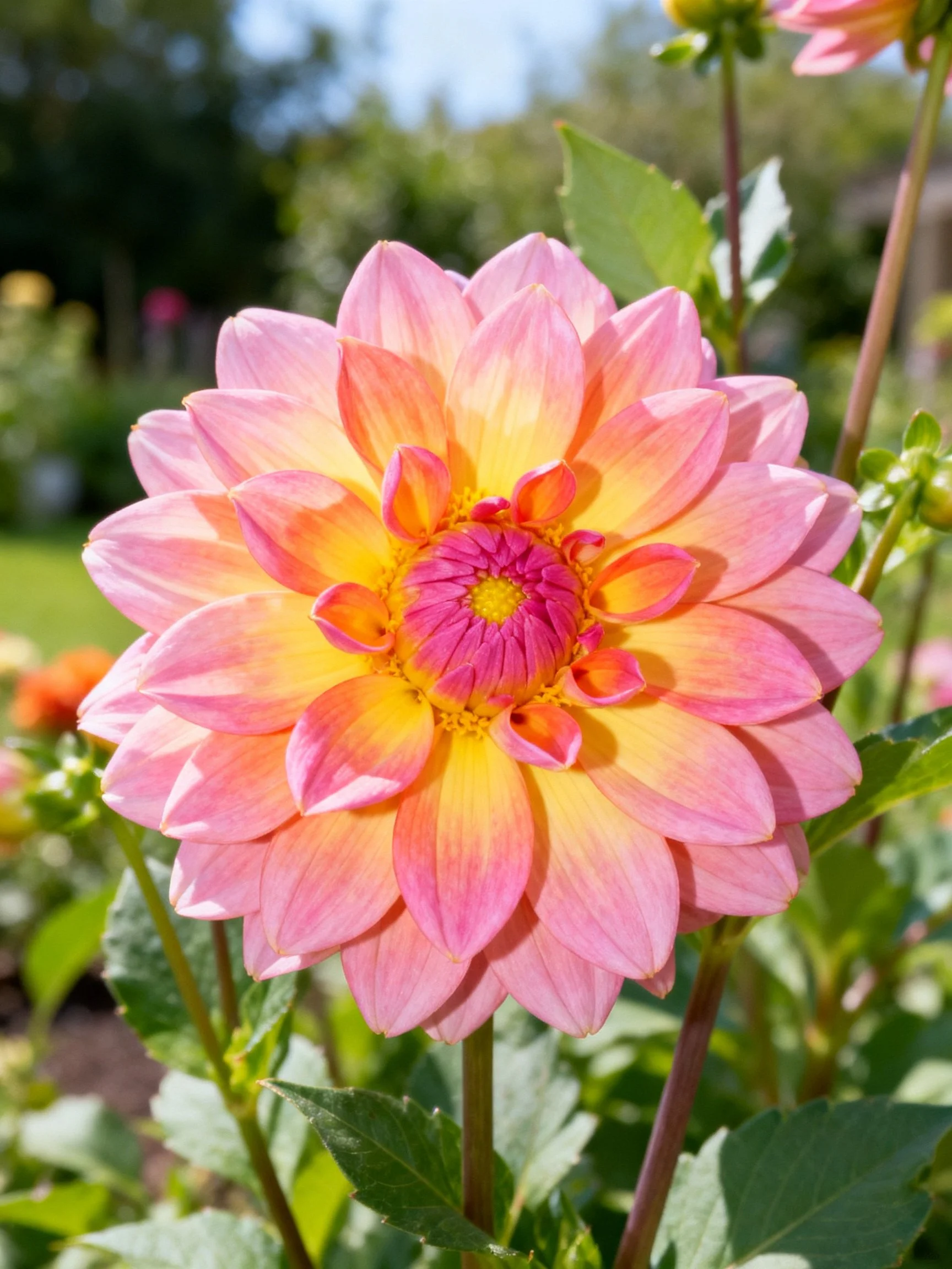 A vibrant pink and yellow dahlia in a sunlit garden