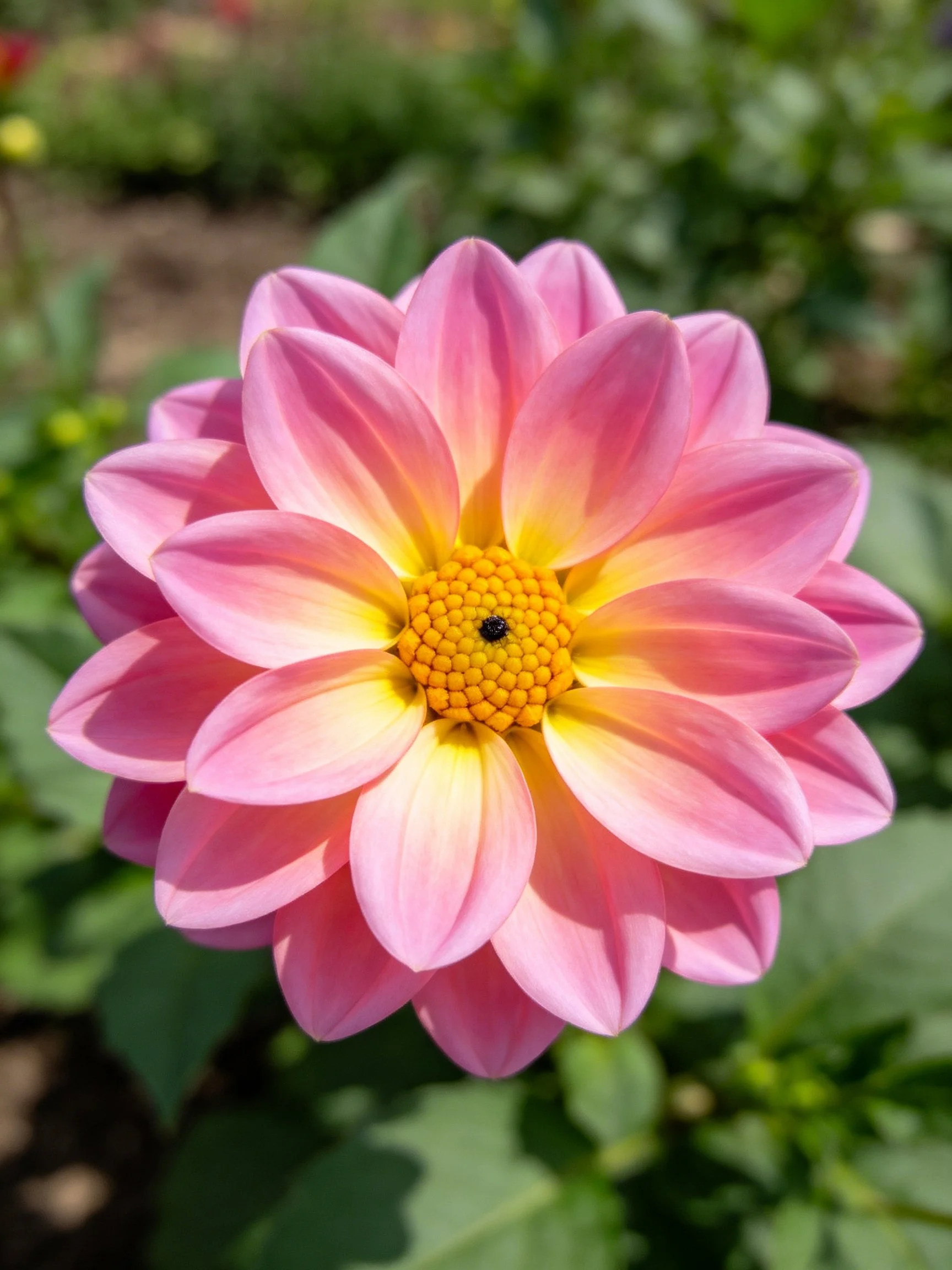 A vibrant pink and yellow dahlia with layered petals