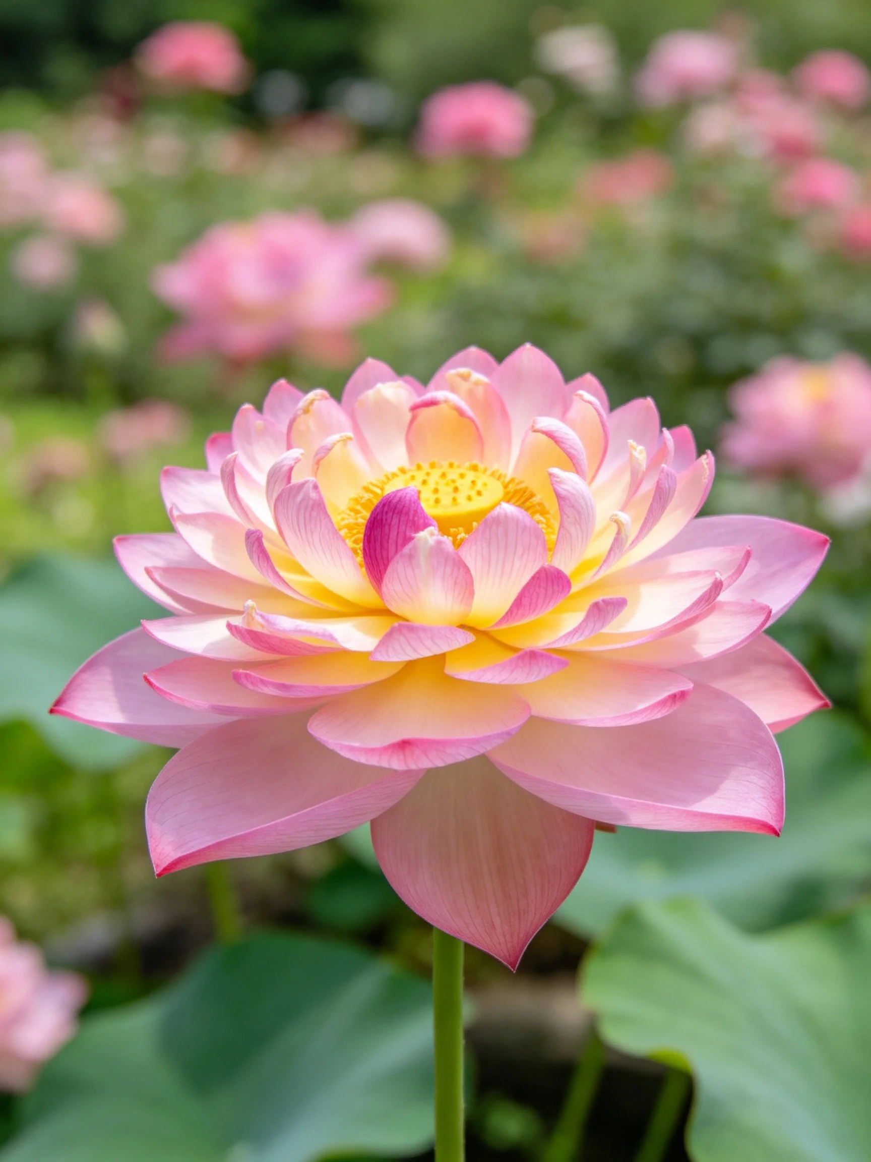 A vibrant pink and yellow lotus flower with layered petals