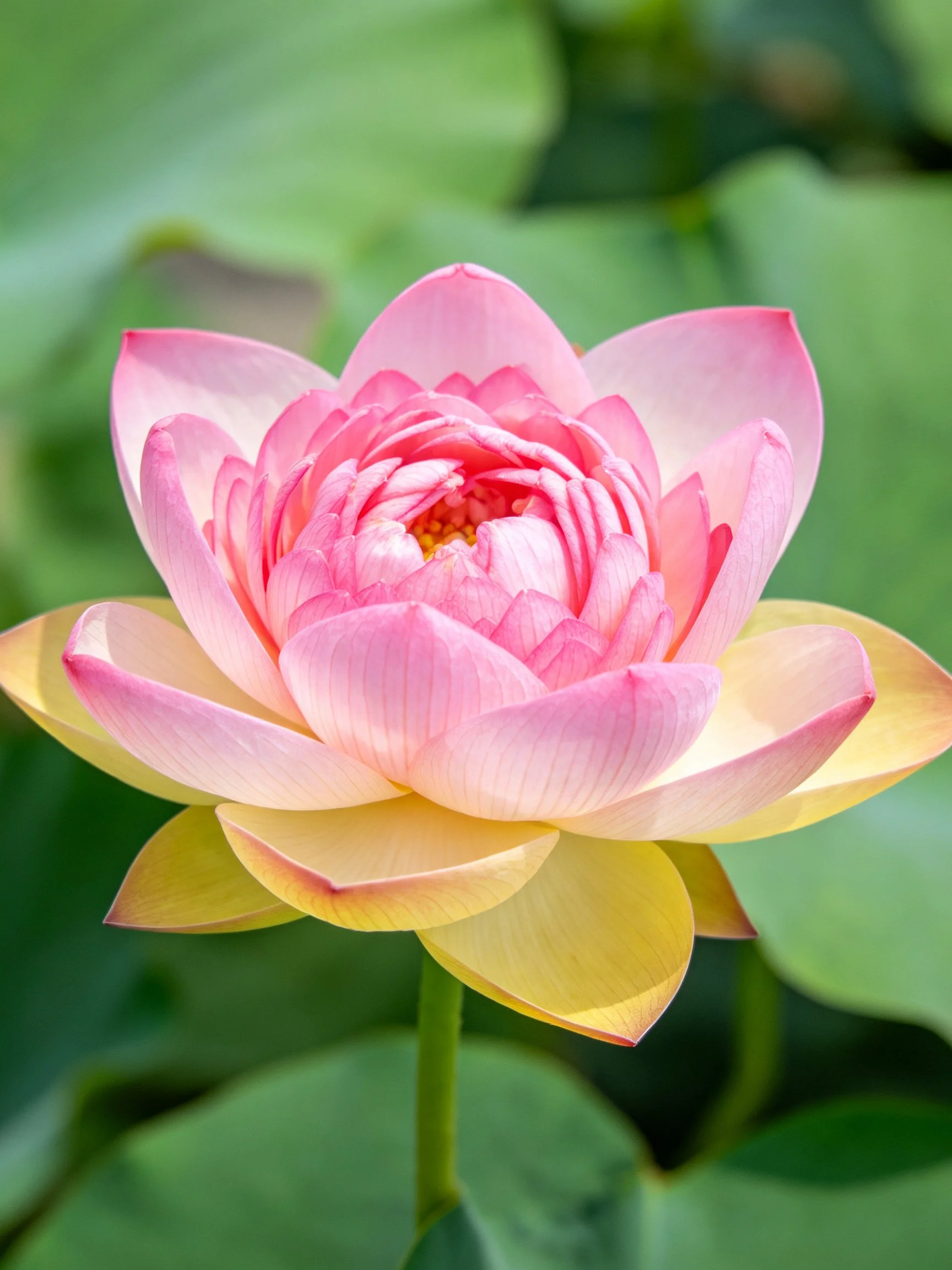 A vibrant pink and yellow lotus flower with lush green foliage