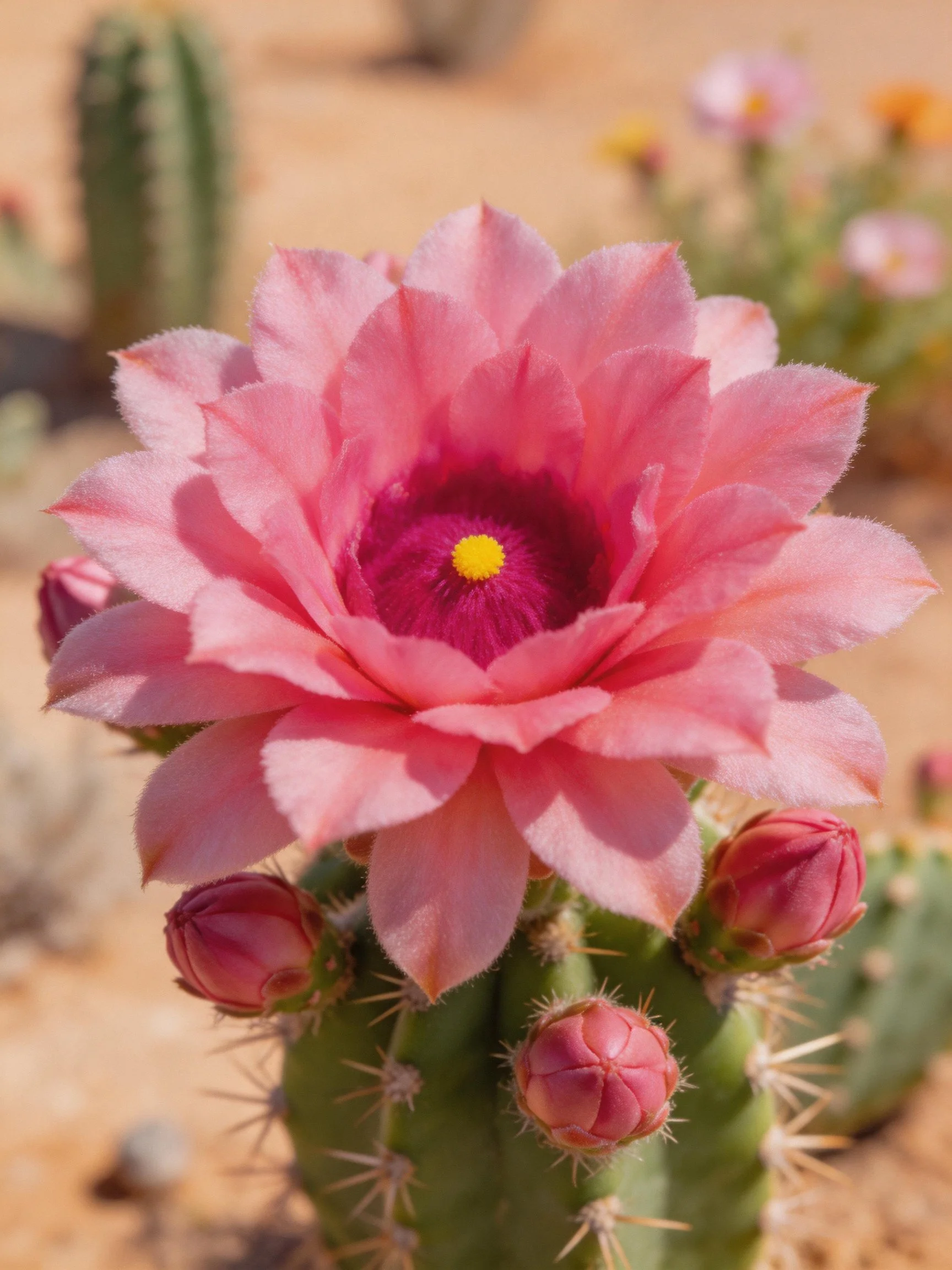 A vibrant pink cactus flower blooms with green buds and spiny stems