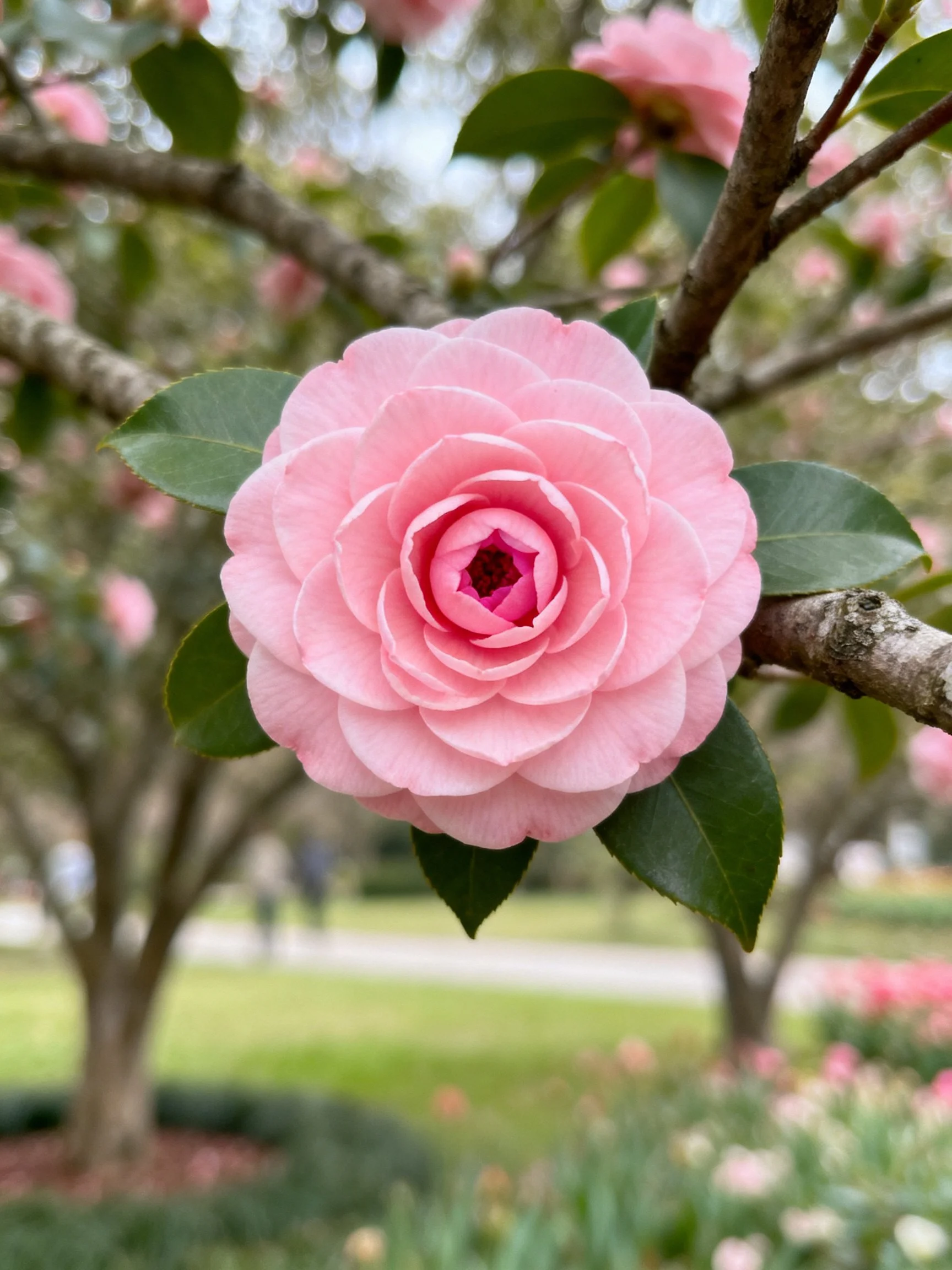 A vibrant pink camellia blooms on a tree branch