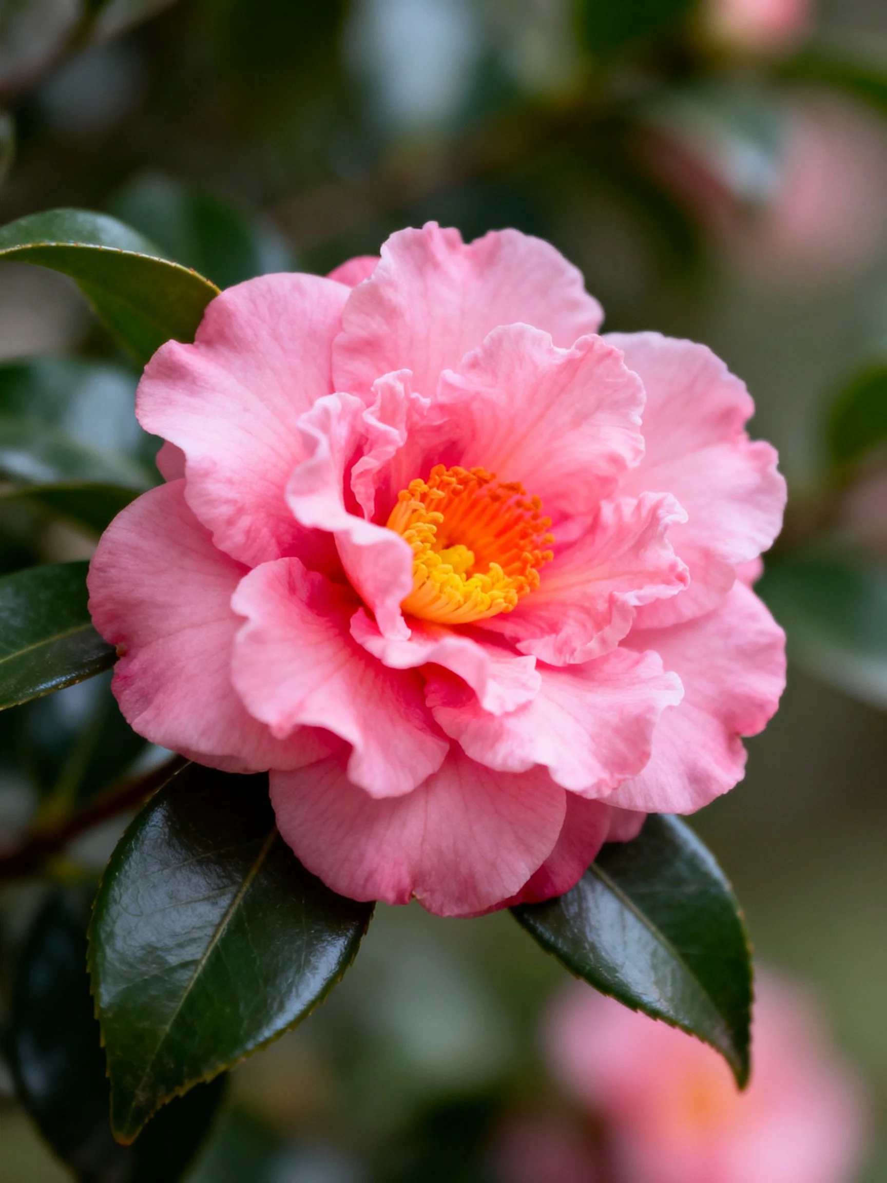 A vibrant pink camellia flower with bright yellow center and glossy foliage