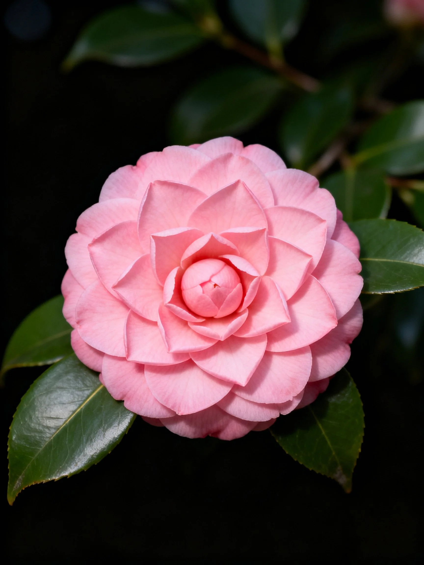 A vibrant pink camellia flower with glossy green leaves