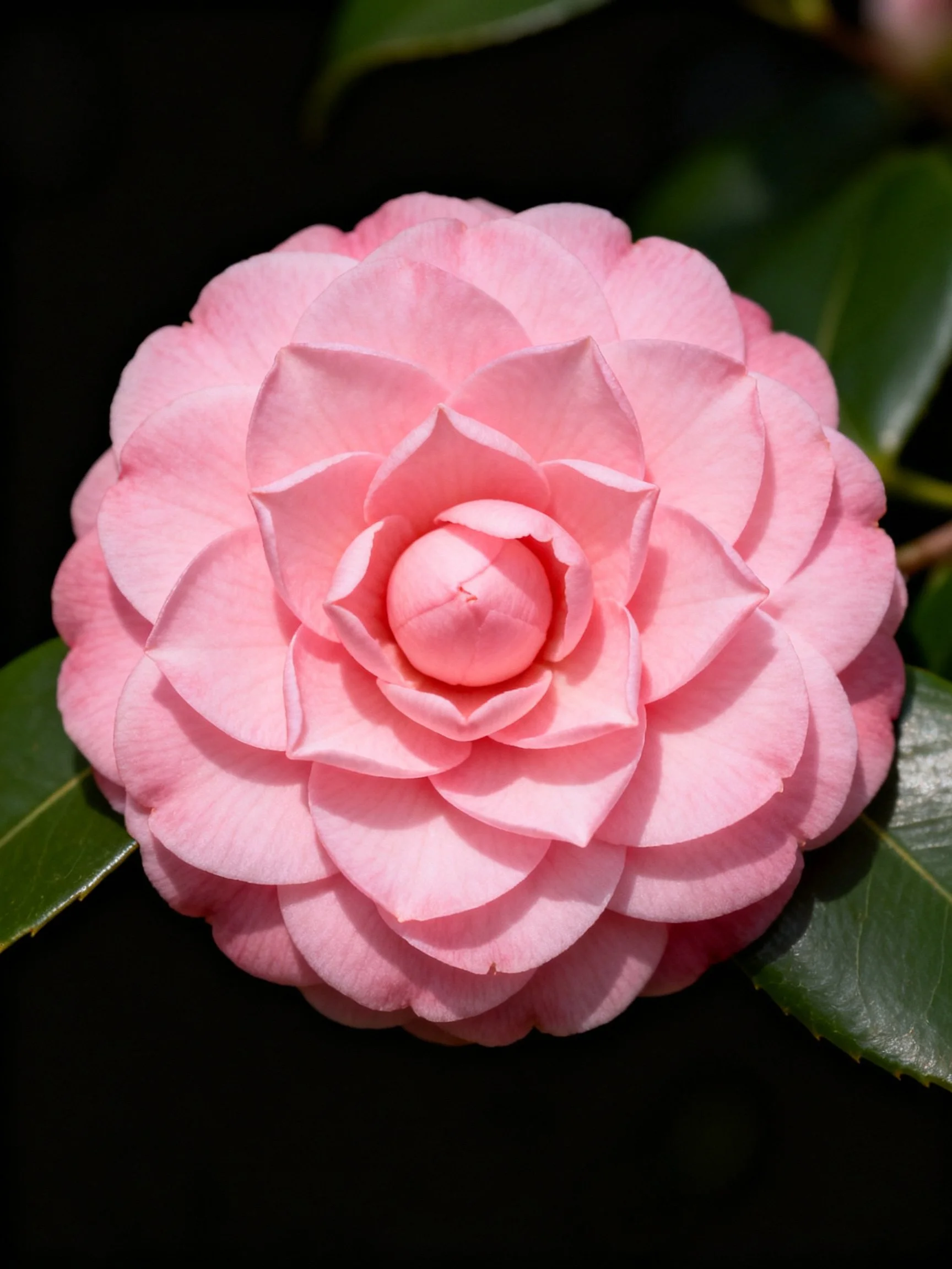 A vibrant pink camellia flower with layered petals