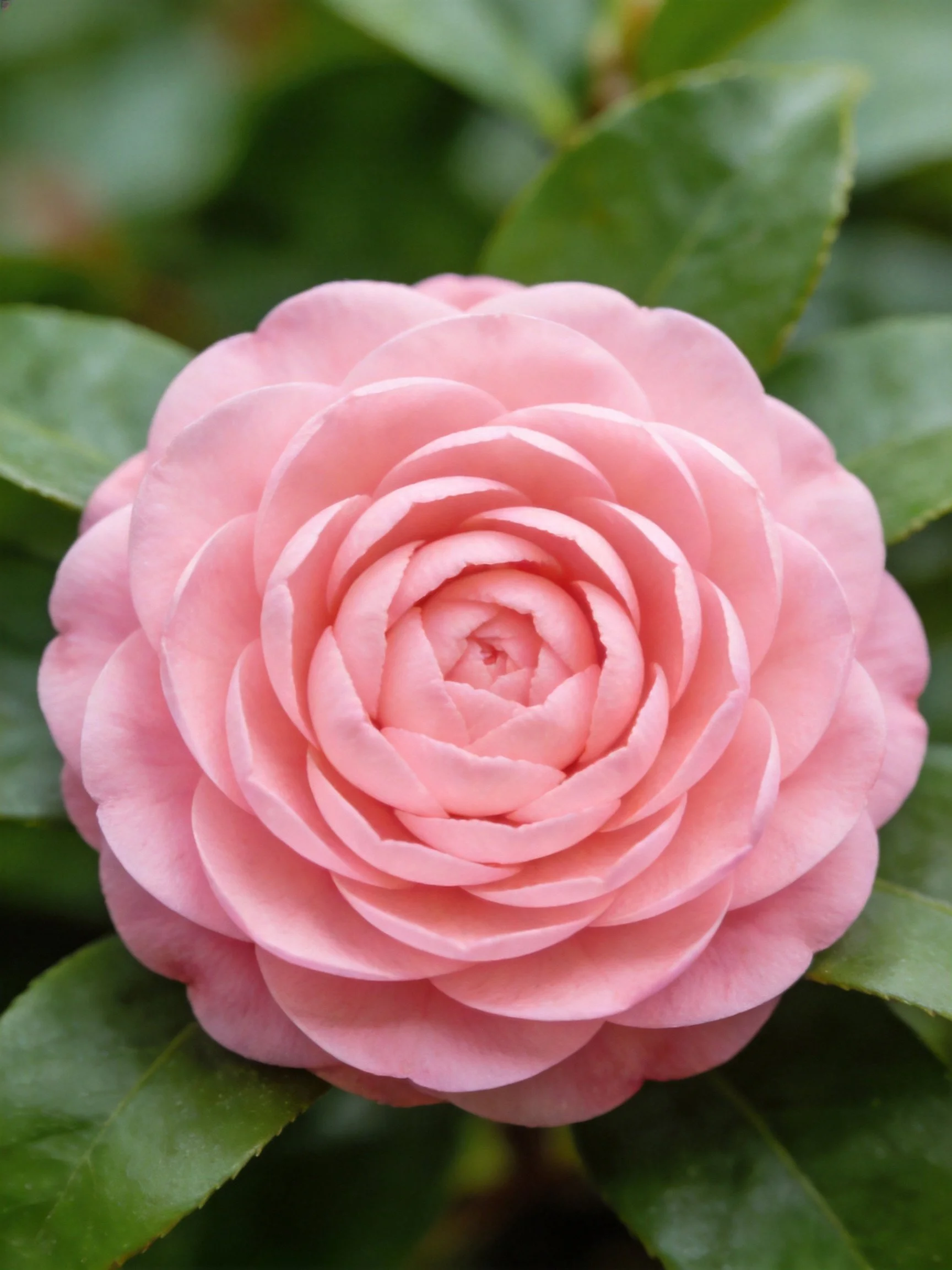 A vibrant pink camellia flower with layered petals