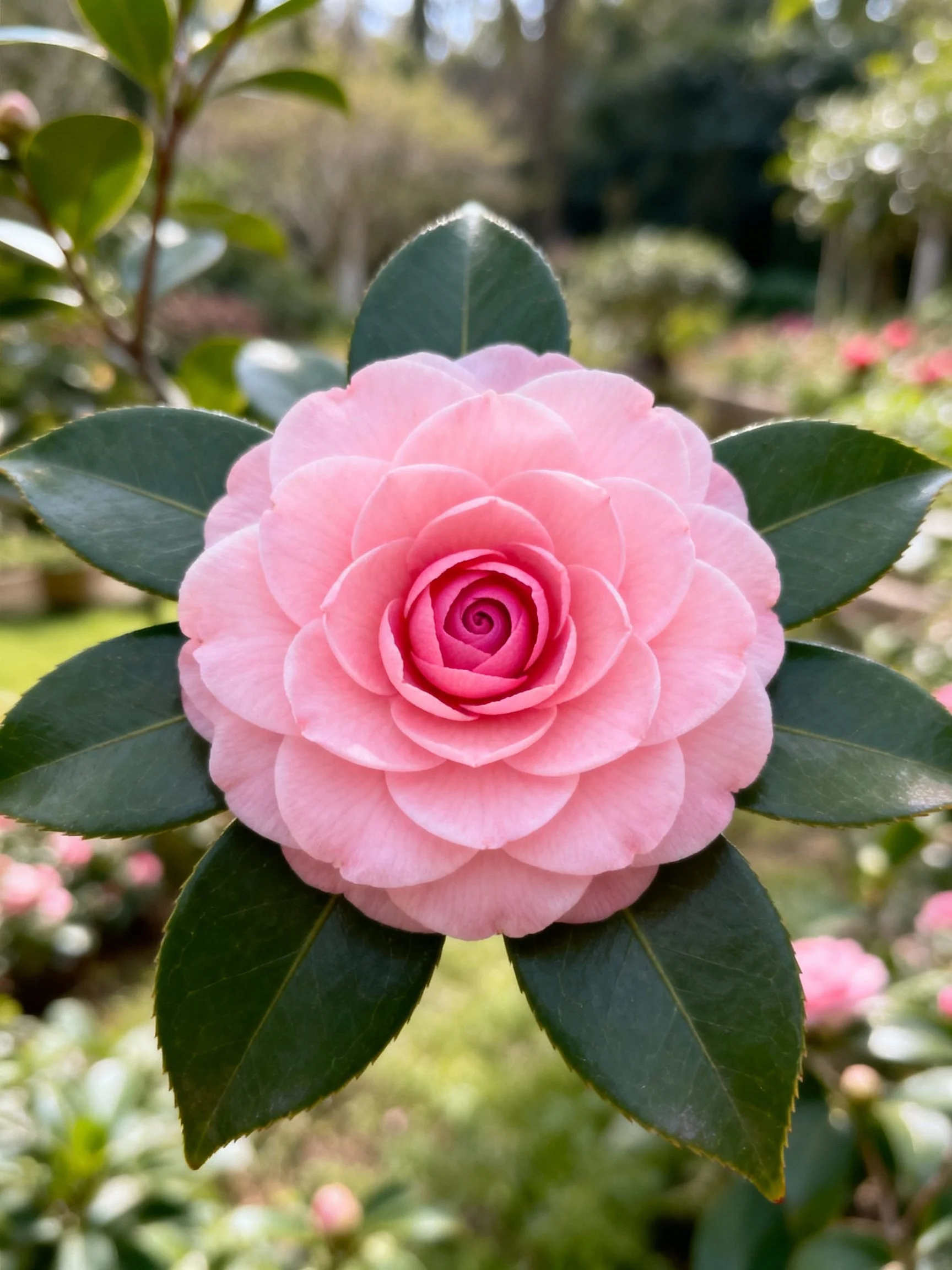 A vibrant pink camellia with dark green leaves in a garden