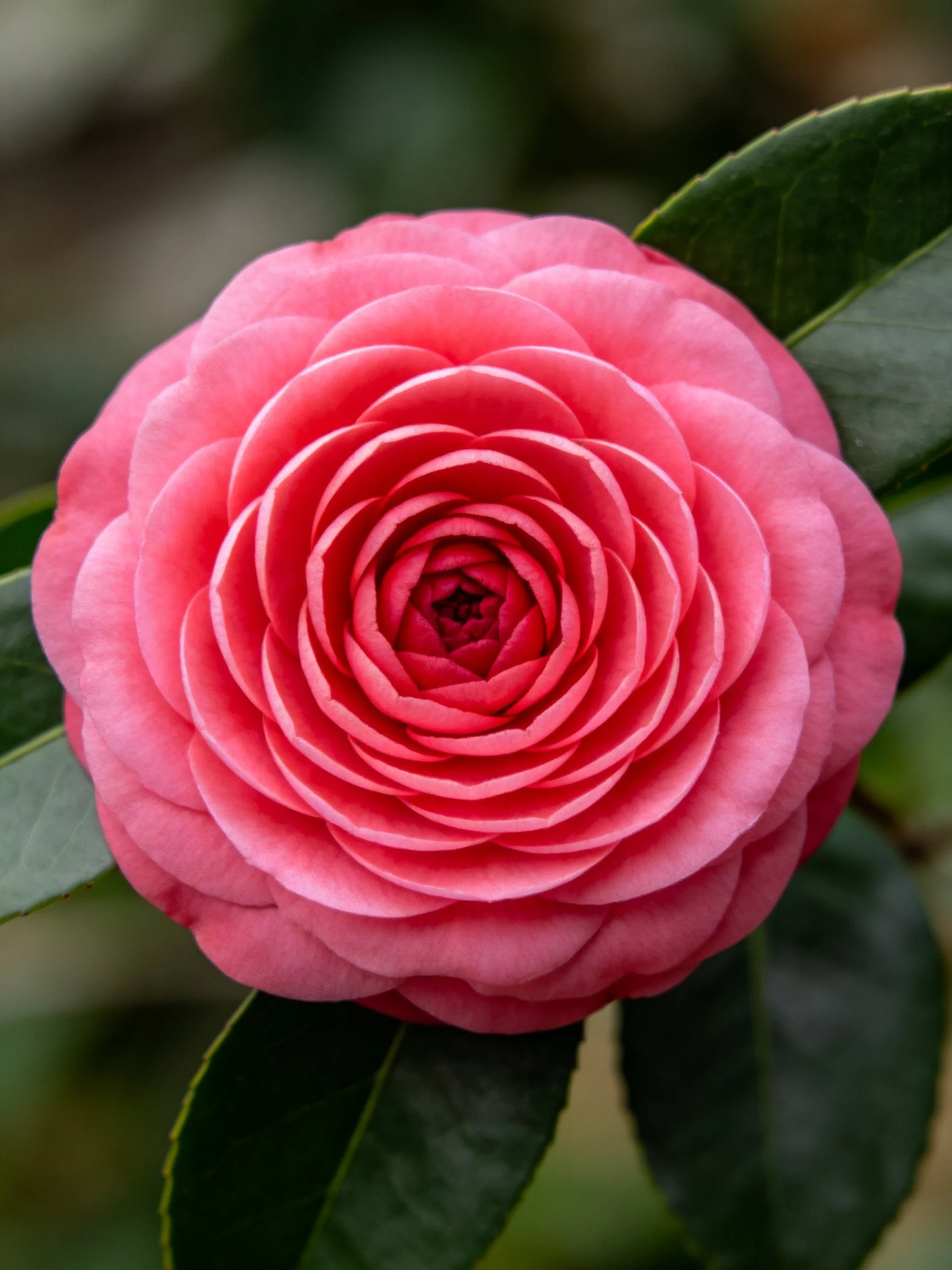 A vibrant pink camellia with layered petals