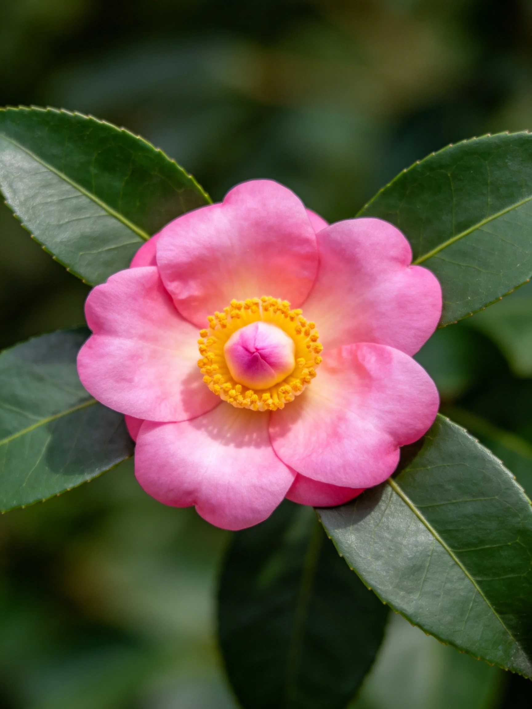 A vibrant pink camellia with yellow central core and glossy green leaves