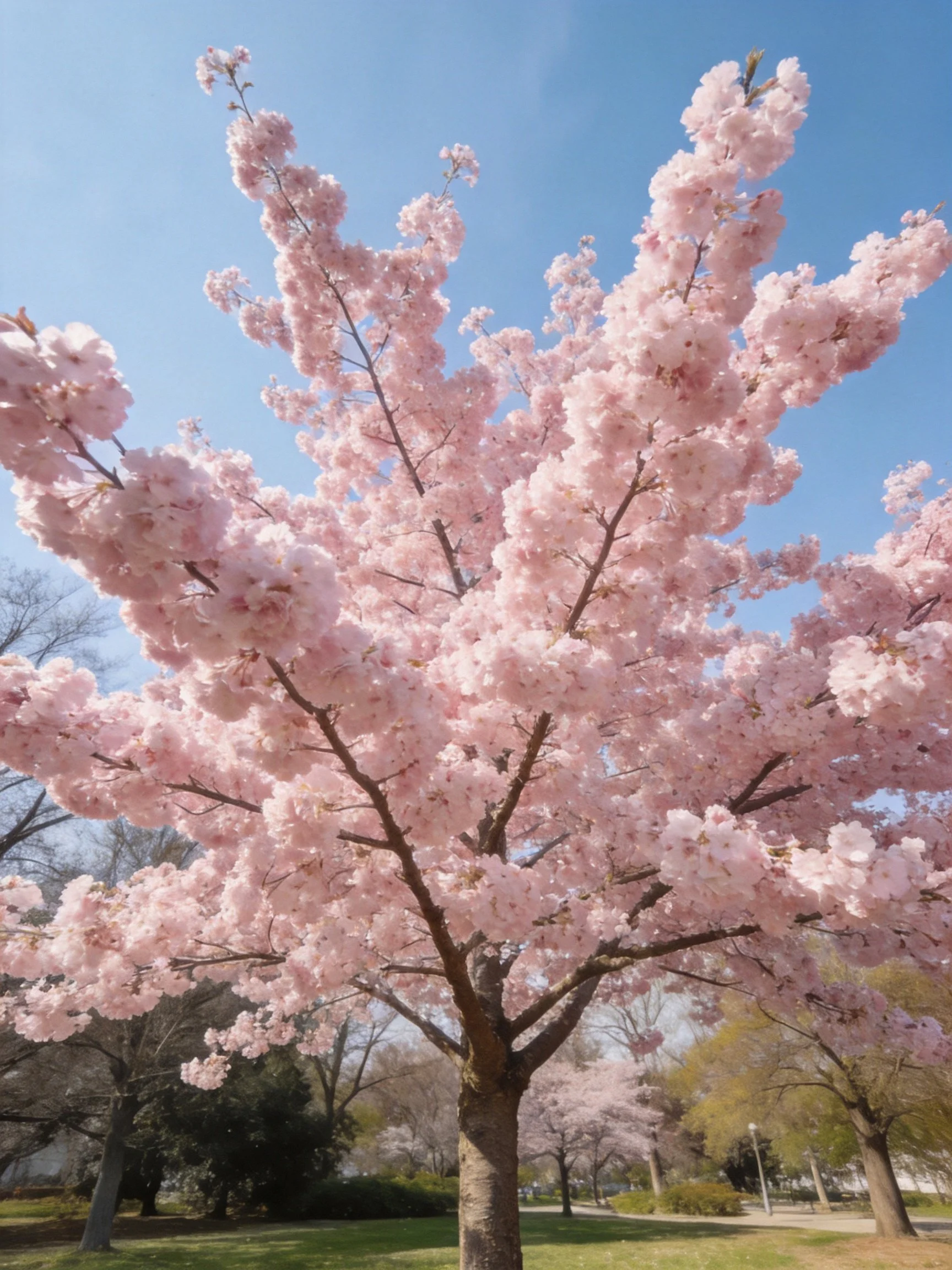 A vibrant pink cherry blossom tree flourishes under clear blue skies