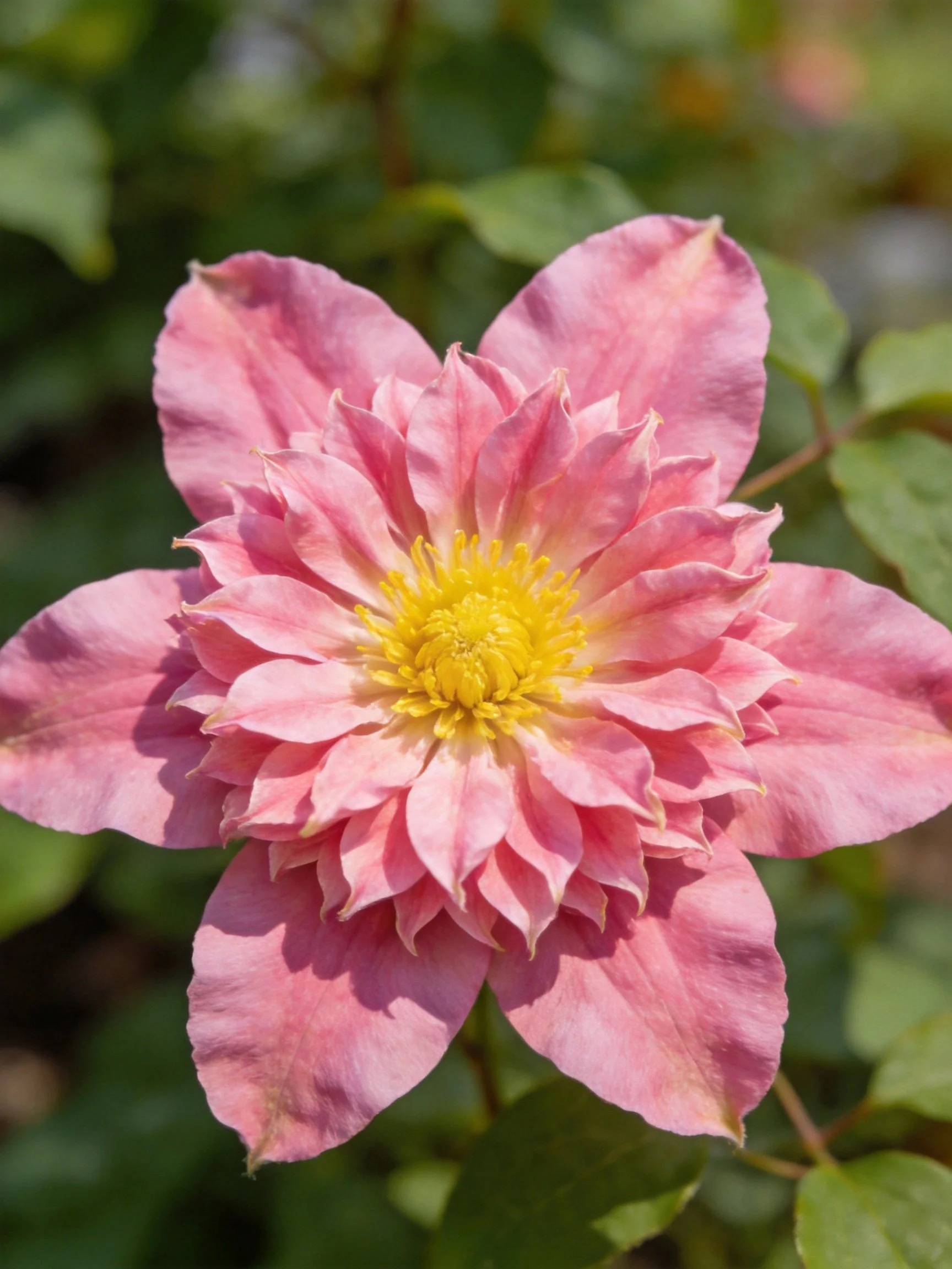 A vibrant pink clematis flower with a bright yellow center