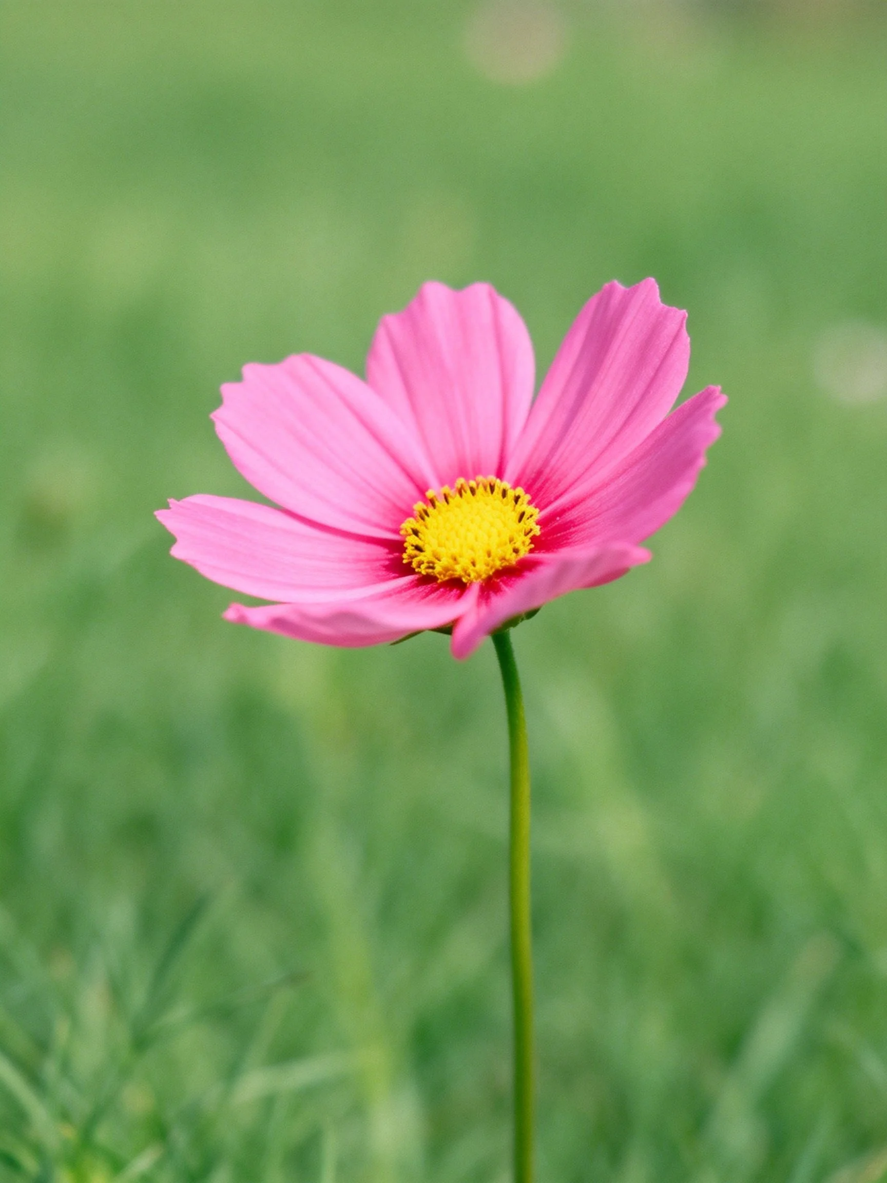 A vibrant pink cosmos bloom with a bright yellow center on a slender green stem