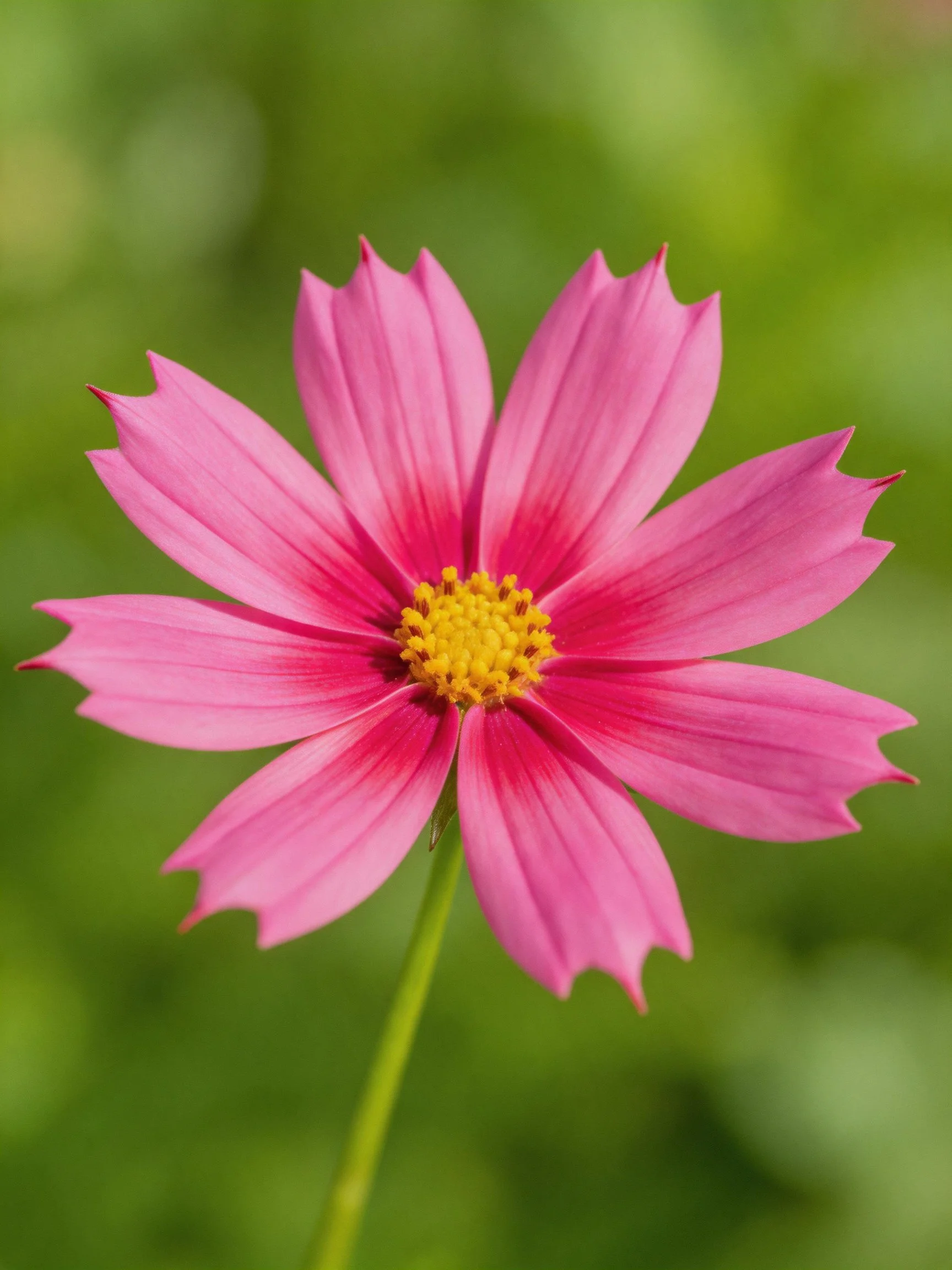 A vibrant pink cosmos flower with a bright yellow center