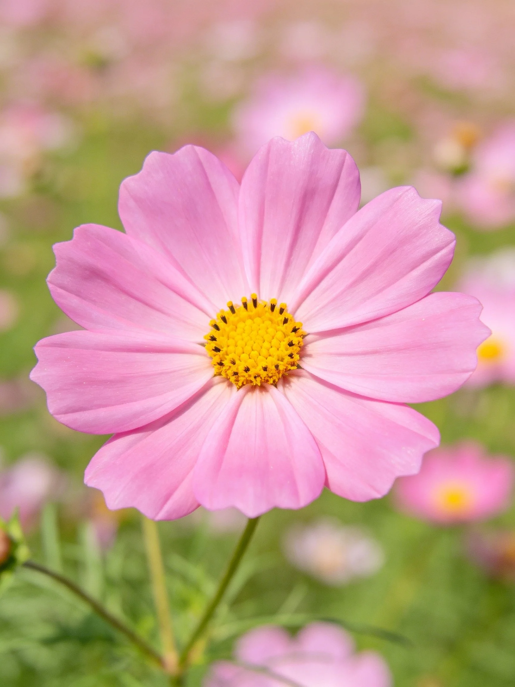 A vibrant pink cosmos flower with a yellow center
