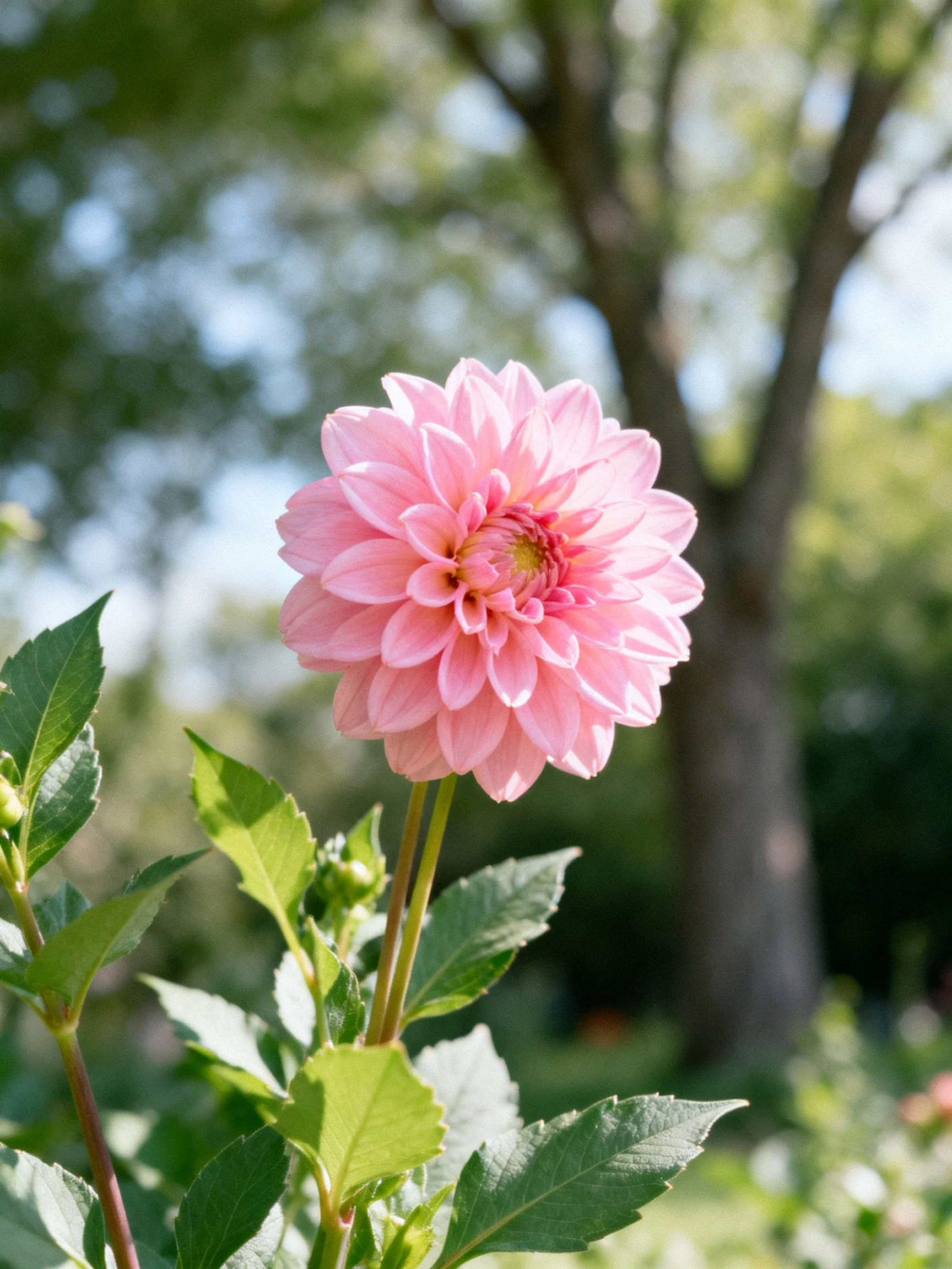 A vibrant pink dahlia blooms amid lush green foliage