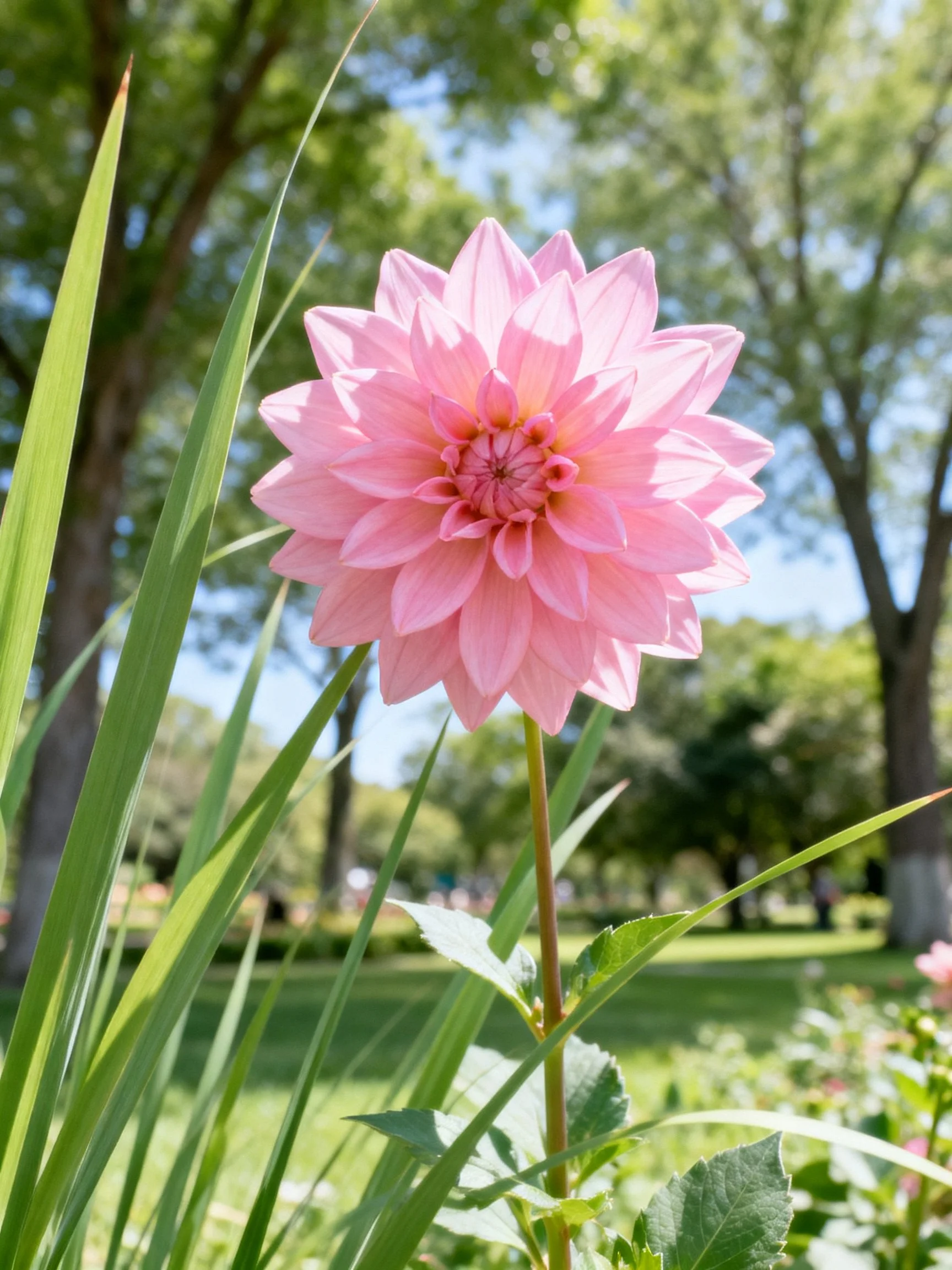 A vibrant pink dahlia blooms amid tall grasses in a sunlit park