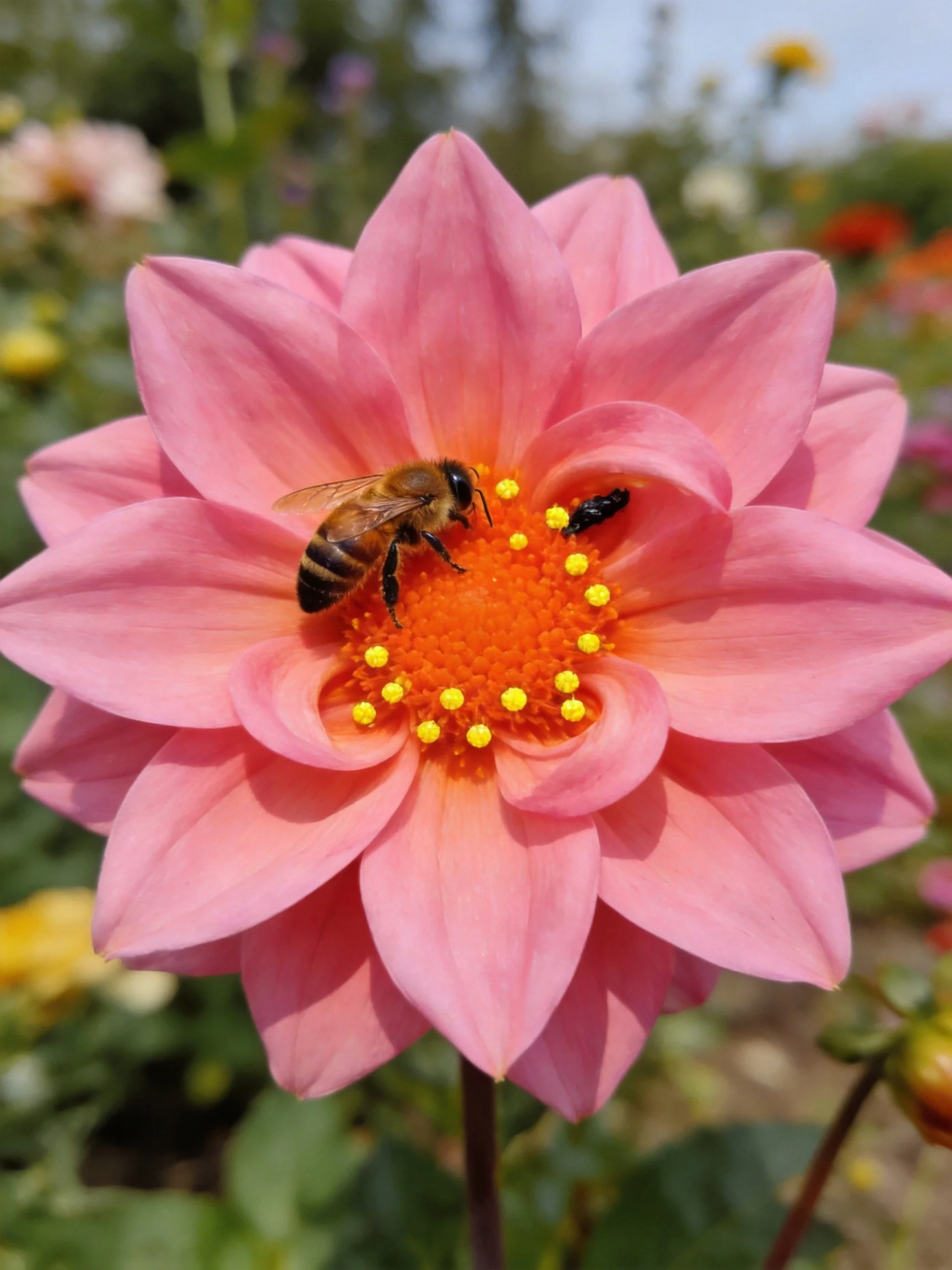 A vibrant pink dahlia with an orange center has two insects
