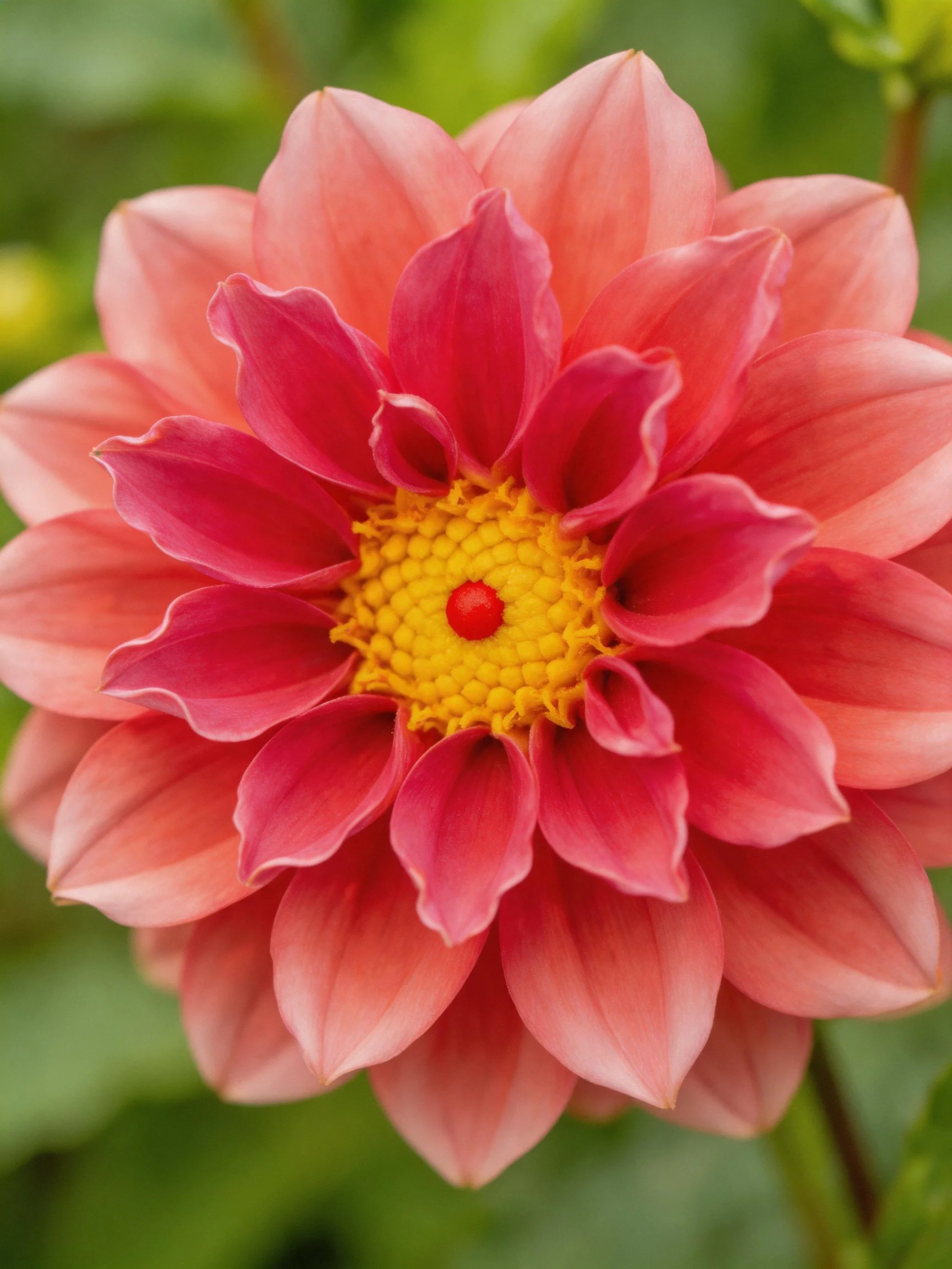 A vibrant pink dahlia with layered petals and a golden center