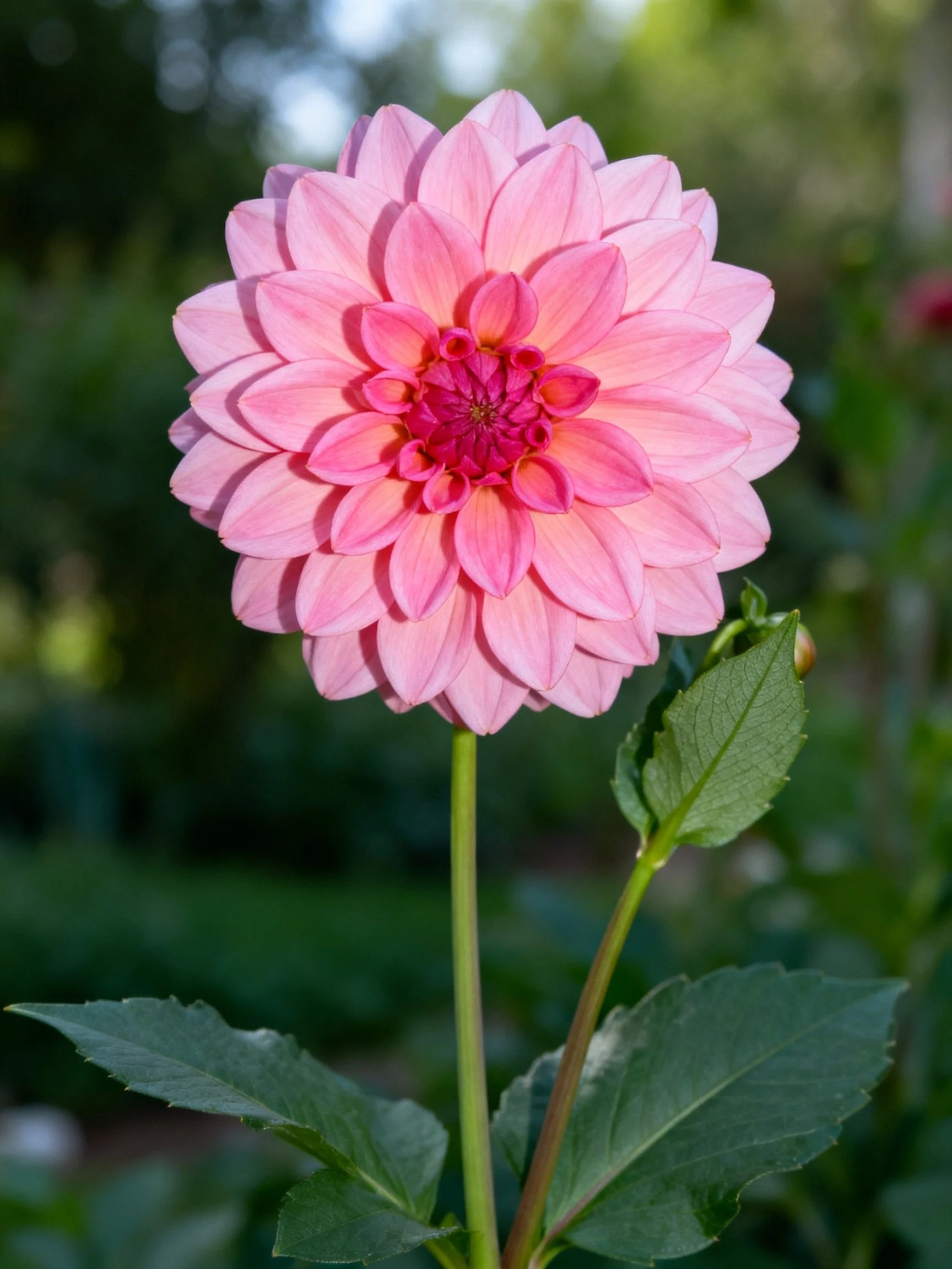 A vibrant pink dahlia with layered petals and green foliage