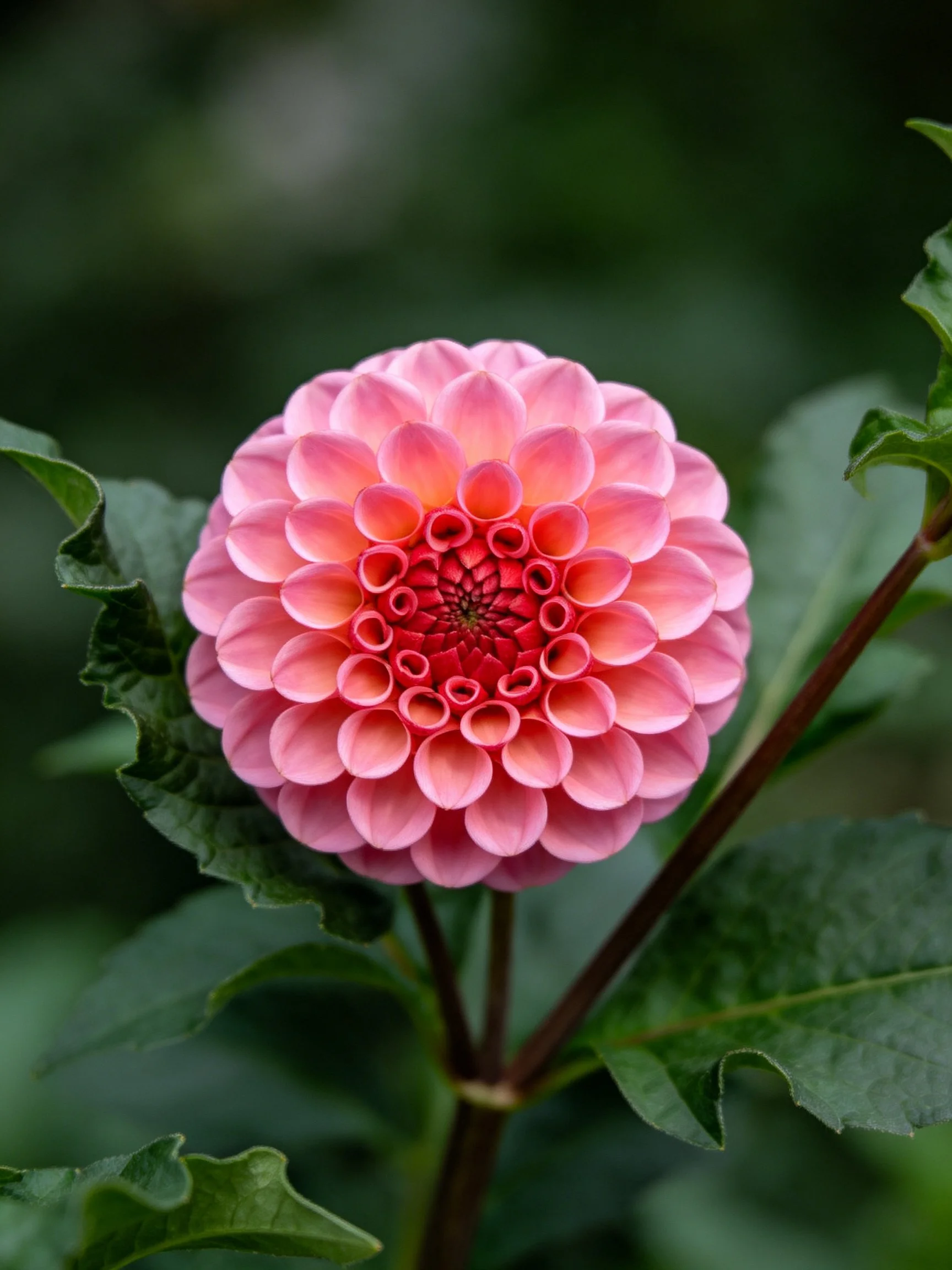 A vibrant pink dahlia with layered petals and green foliage