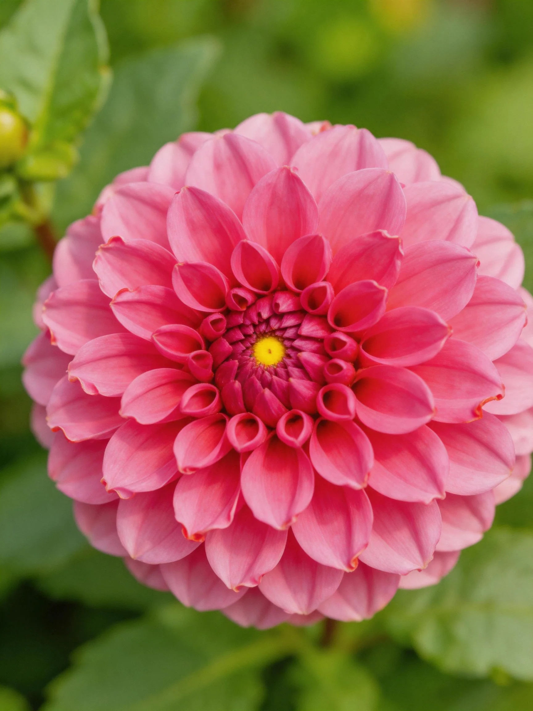 A vibrant pink dahlia with layered petals and yellow center