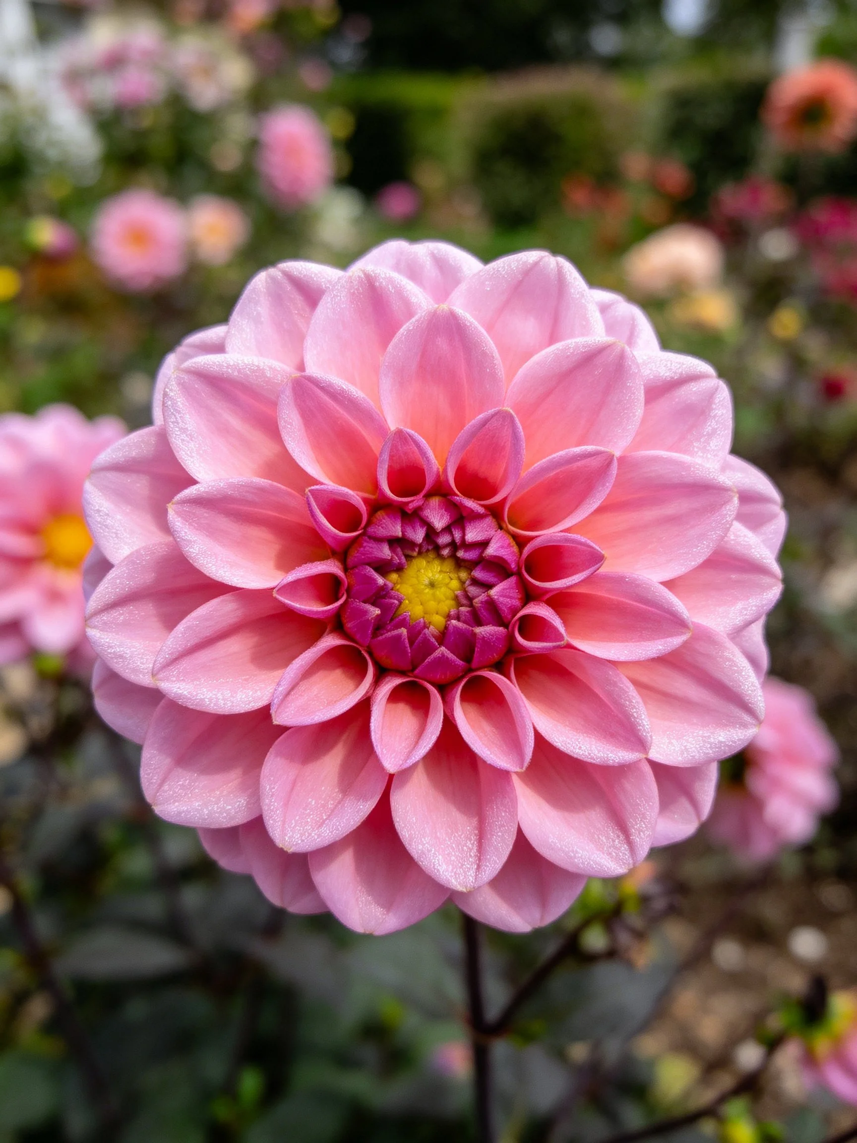 A vibrant pink dahlia with layered petals in a garden setting
