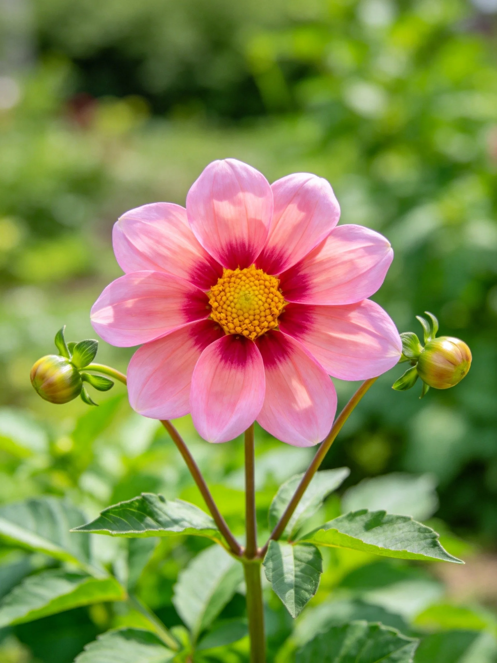 A vibrant pink dahlia with maroon accents and two unopened buds