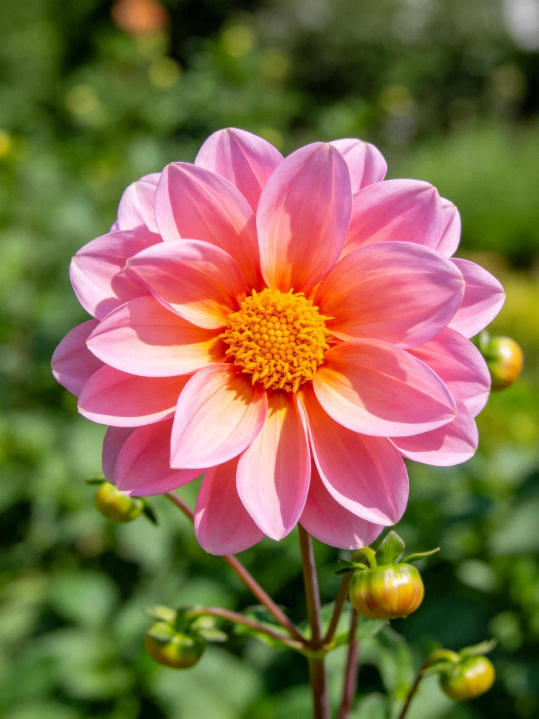 A vibrant pink dahlia with yellow-orange center amid green buds
